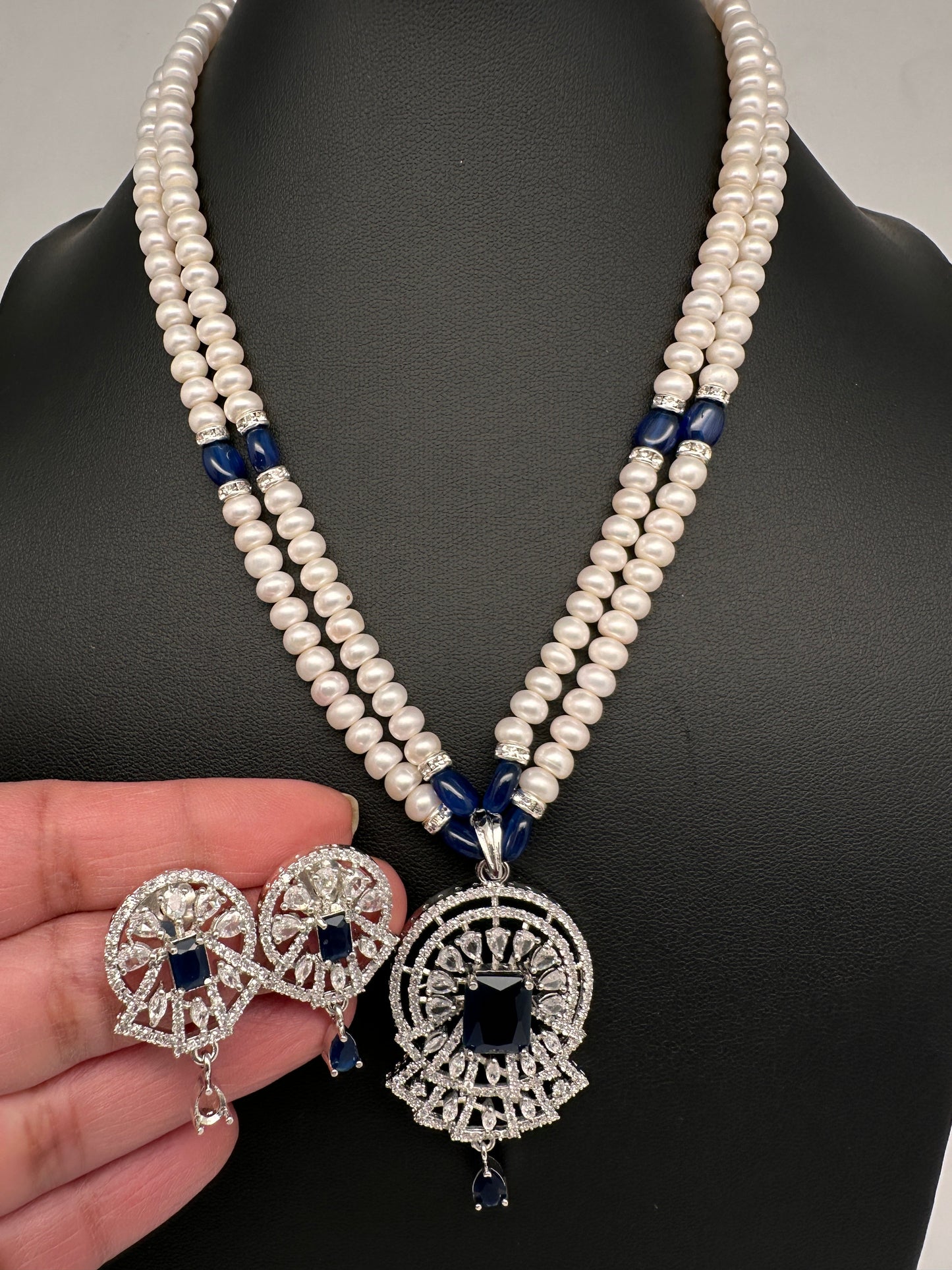 Real Fresh Water Pearls Blue Stone Silver Finish Necklace - 