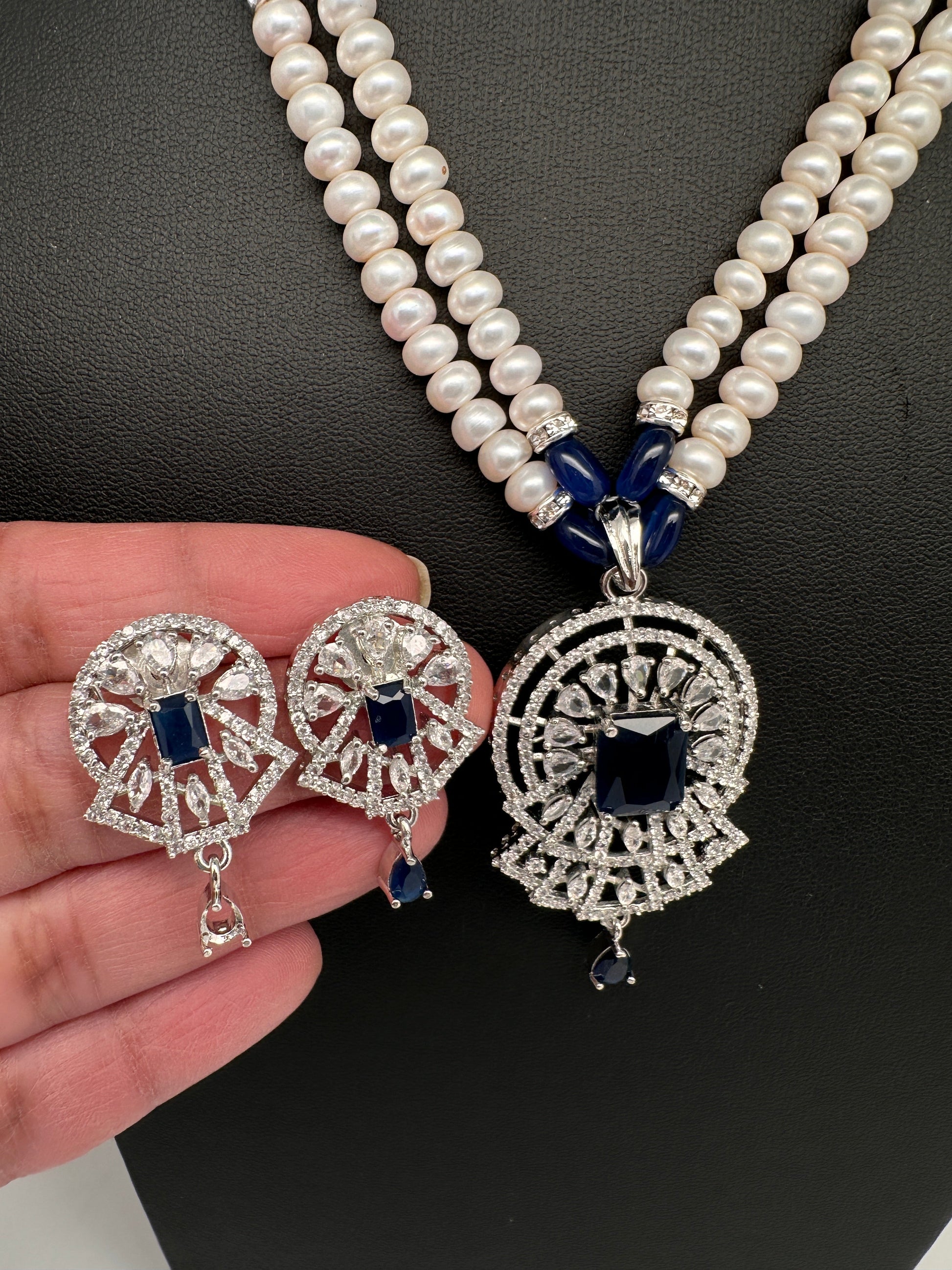 Real Fresh Water Pearls Blue Stone Silver Finish Necklace - 