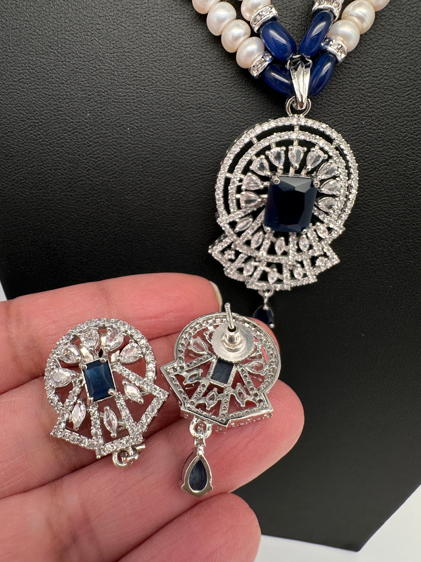 Real Fresh Water Pearls Blue Stone Silver Finish Necklace - 