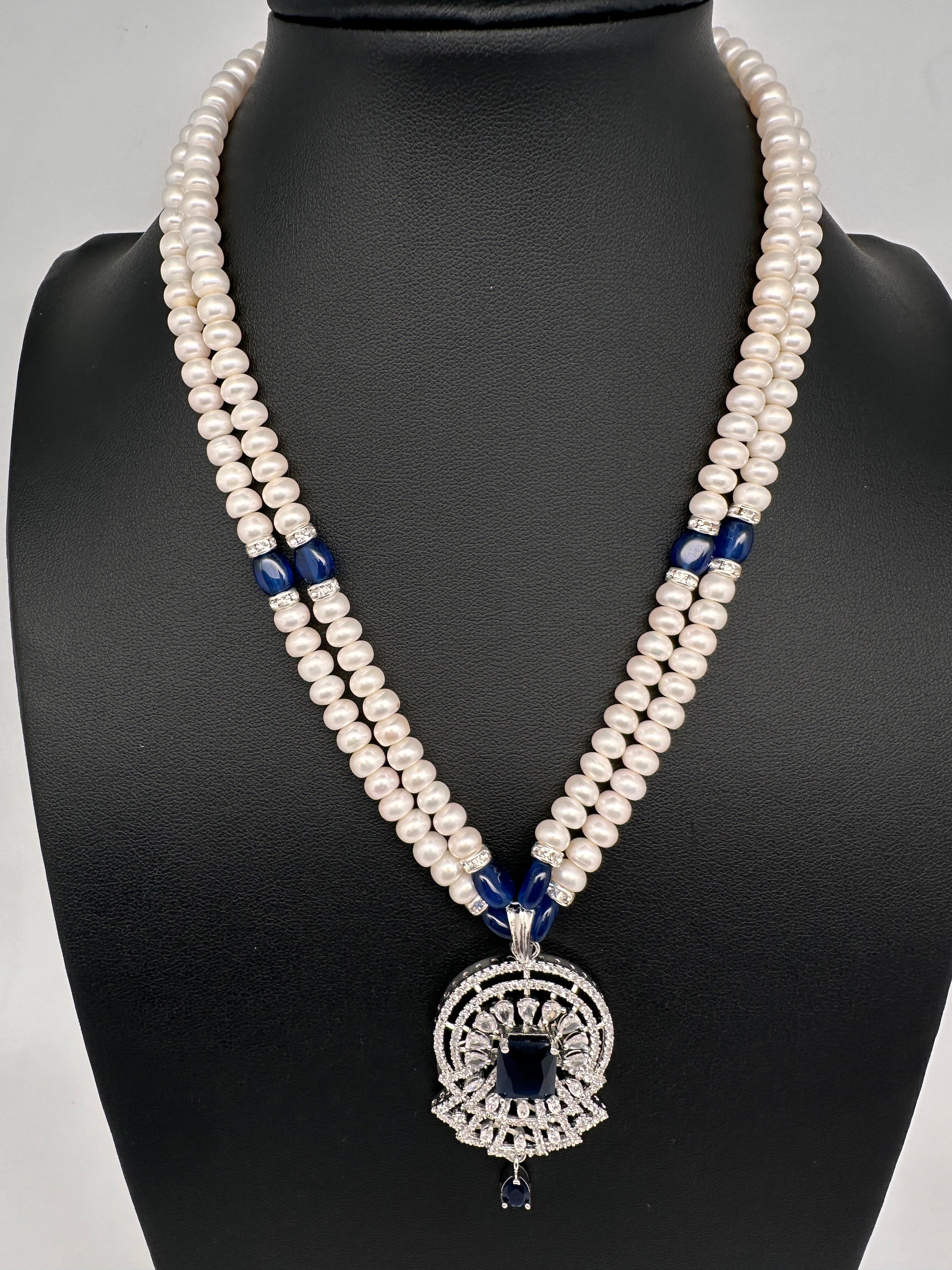 Real Fresh Water Pearls Blue Stone Silver Finish Necklace - 