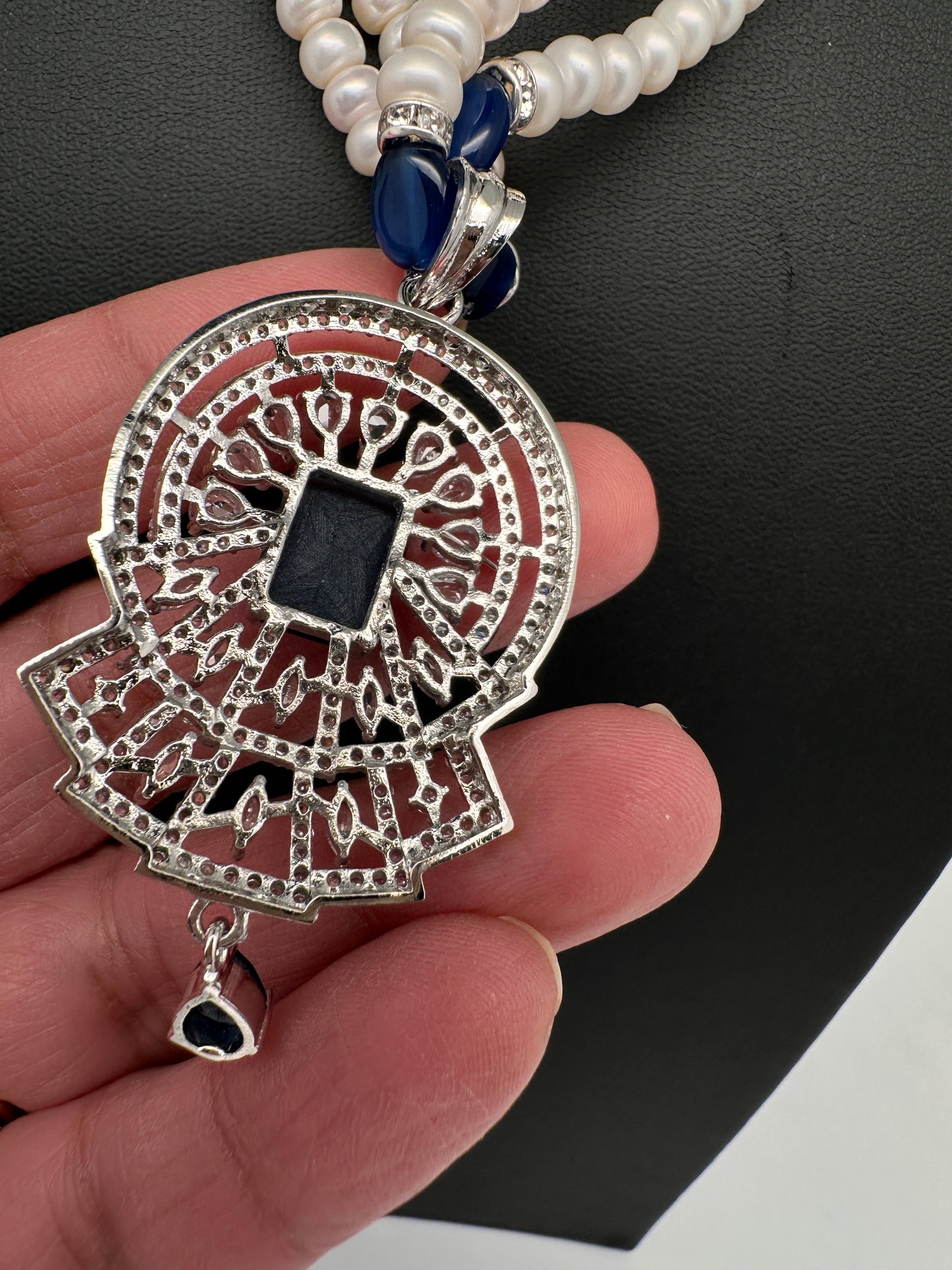 Real Fresh Water Pearls Blue Stone Silver Finish Necklace - 