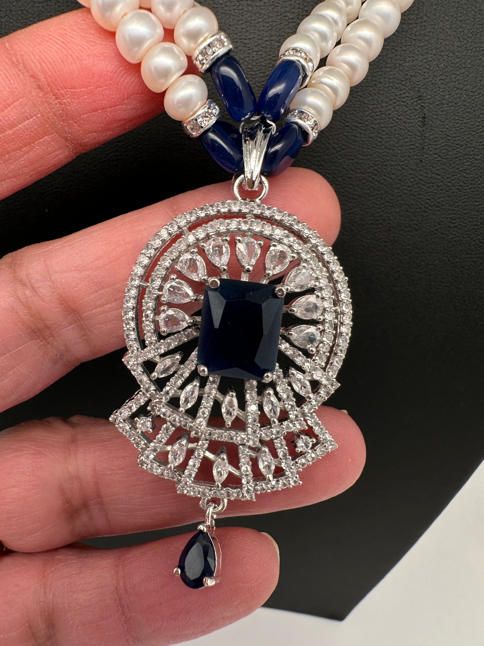 Real Fresh Water Pearls Blue Stone Silver Finish Necklace - 