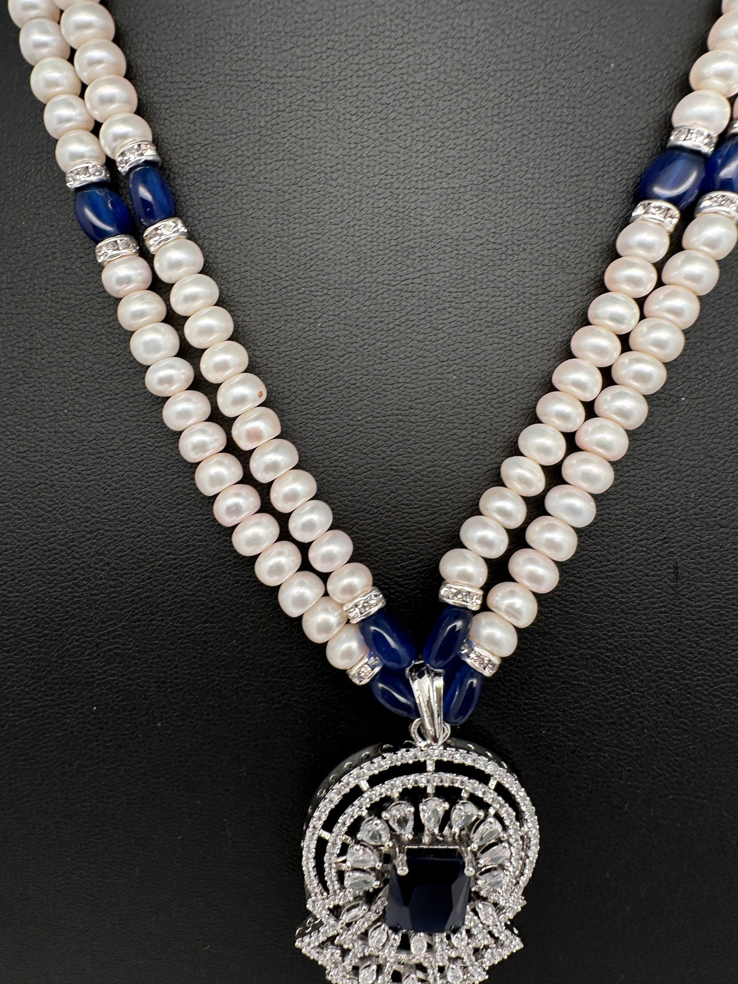 Real Fresh Water Pearls Blue Stone Silver Finish Necklace - 