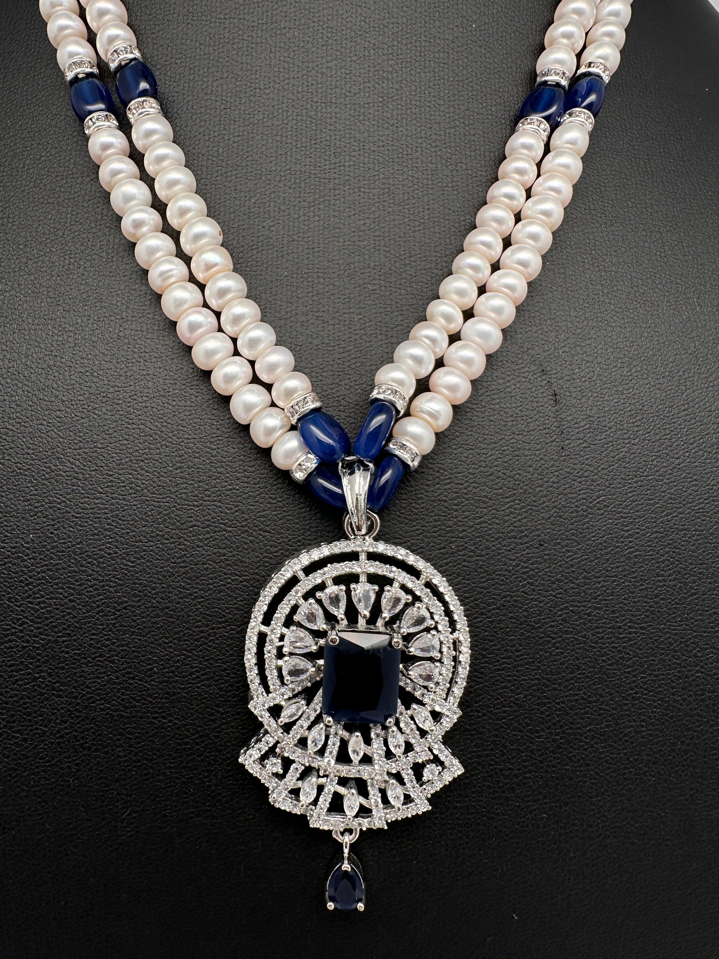 Real Fresh Water Pearls Blue Stone Silver Finish Necklace - 