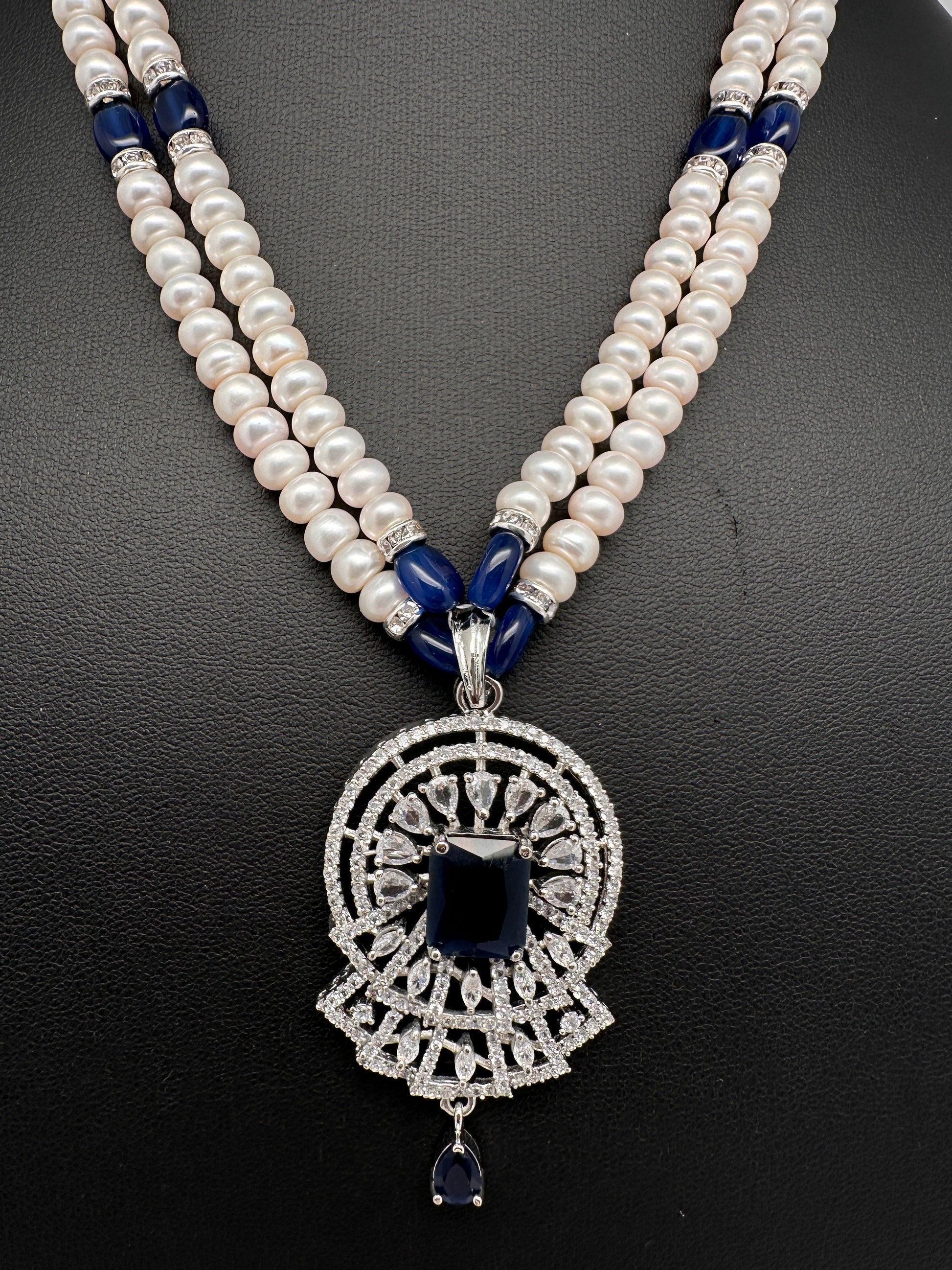 Real Fresh Water Pearls Blue Stone Silver Finish Necklace - 