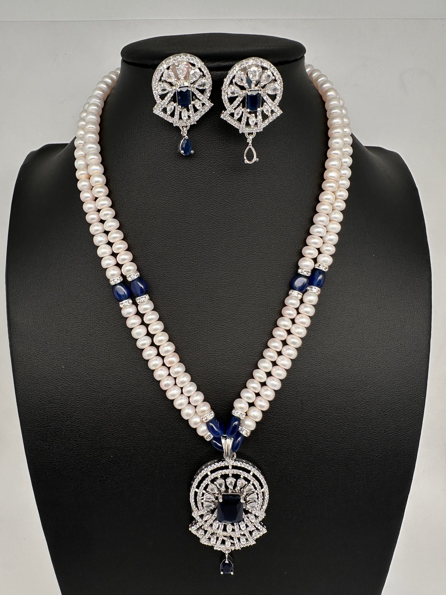 Real Fresh Water Pearls Blue Stone Silver Finish Necklace - 