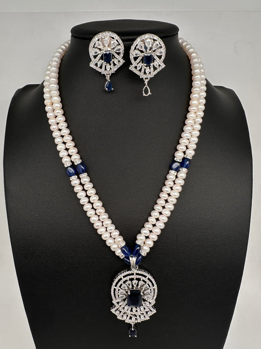 Real Fresh Water Pearls Blue Stone Silver Finish Necklace - 