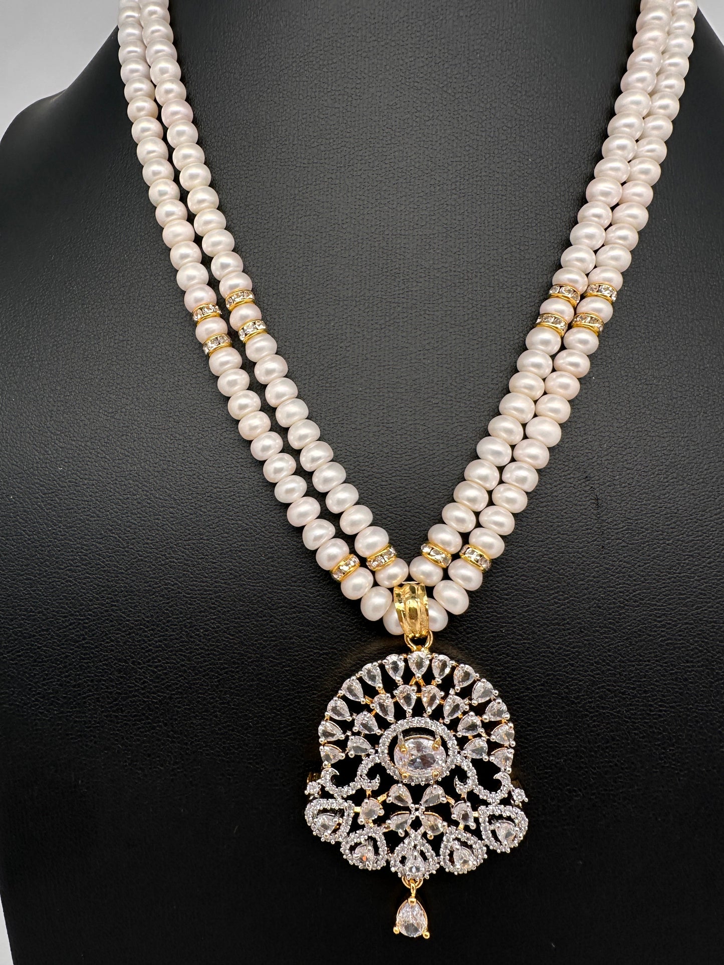 Real Fresh Water Pearls Clear Stone Silver Finish Necklace - Clear