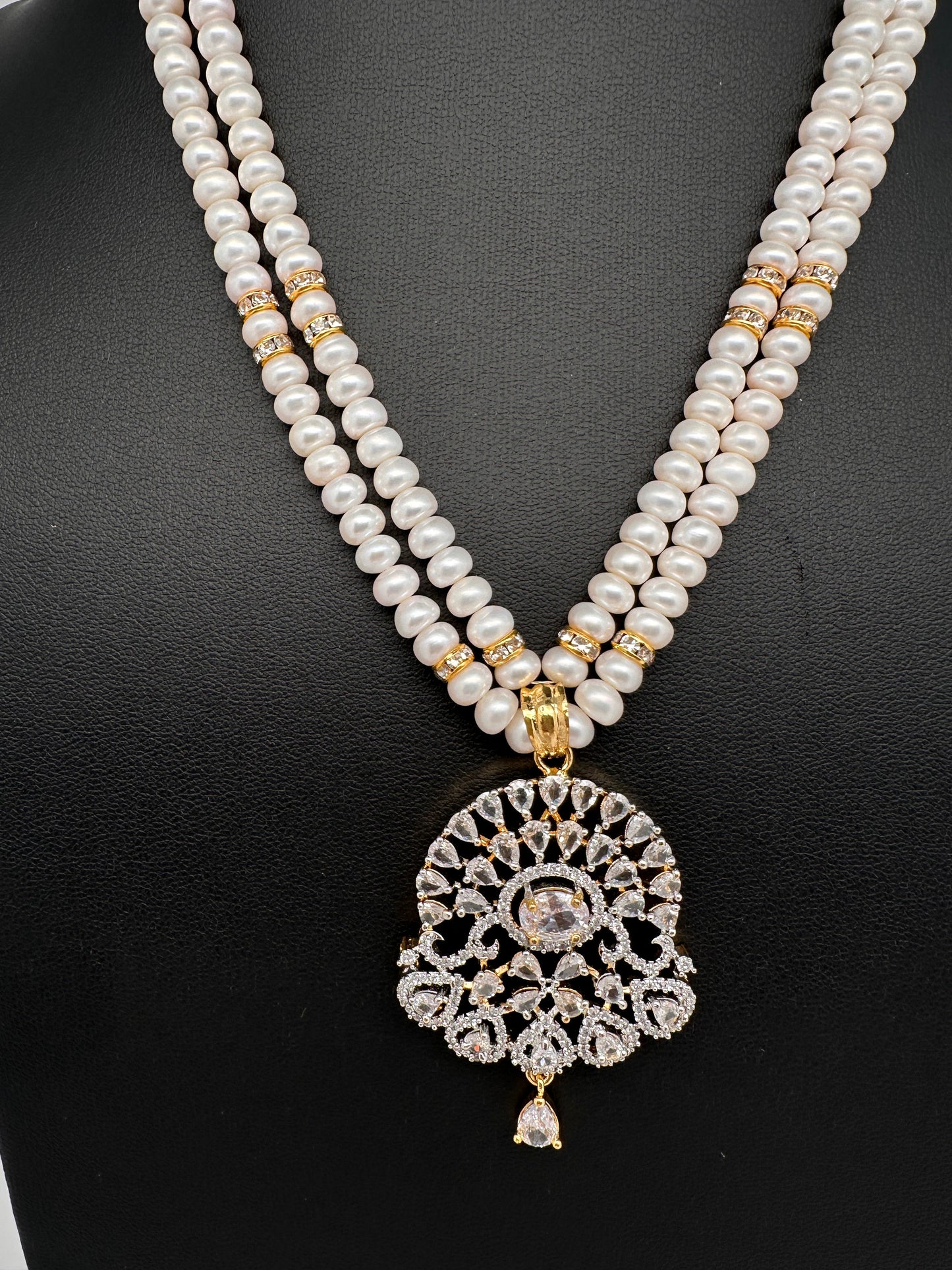 Real Fresh Water Pearls Clear Stone Silver Finish Necklace - Clear