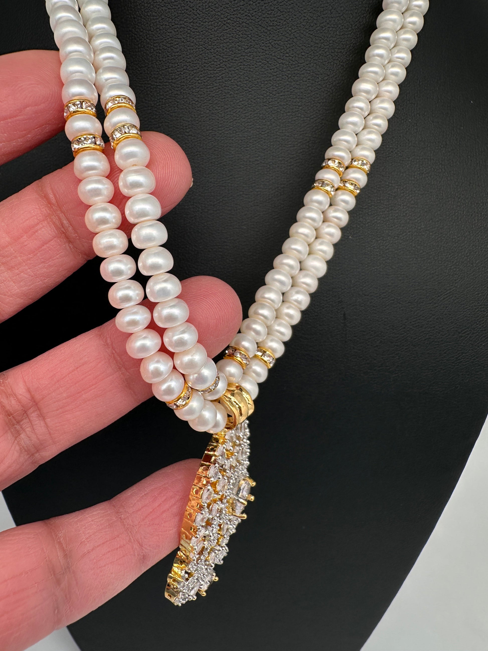 Real Fresh Water Pearls Clear Stone Silver Finish Necklace - Clear