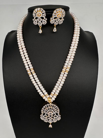 Real Fresh Water Pearls Clear Stone Silver Finish Necklace - Clear