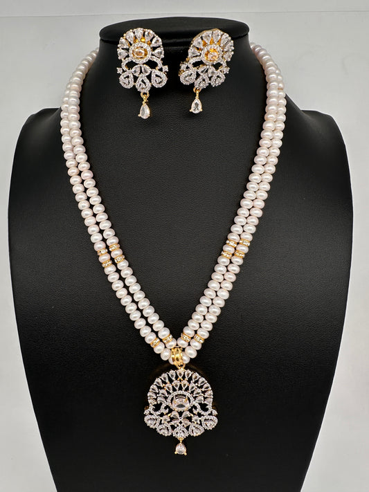 Real Fresh Water Pearls Clear Stone Silver Finish Necklace - Clear