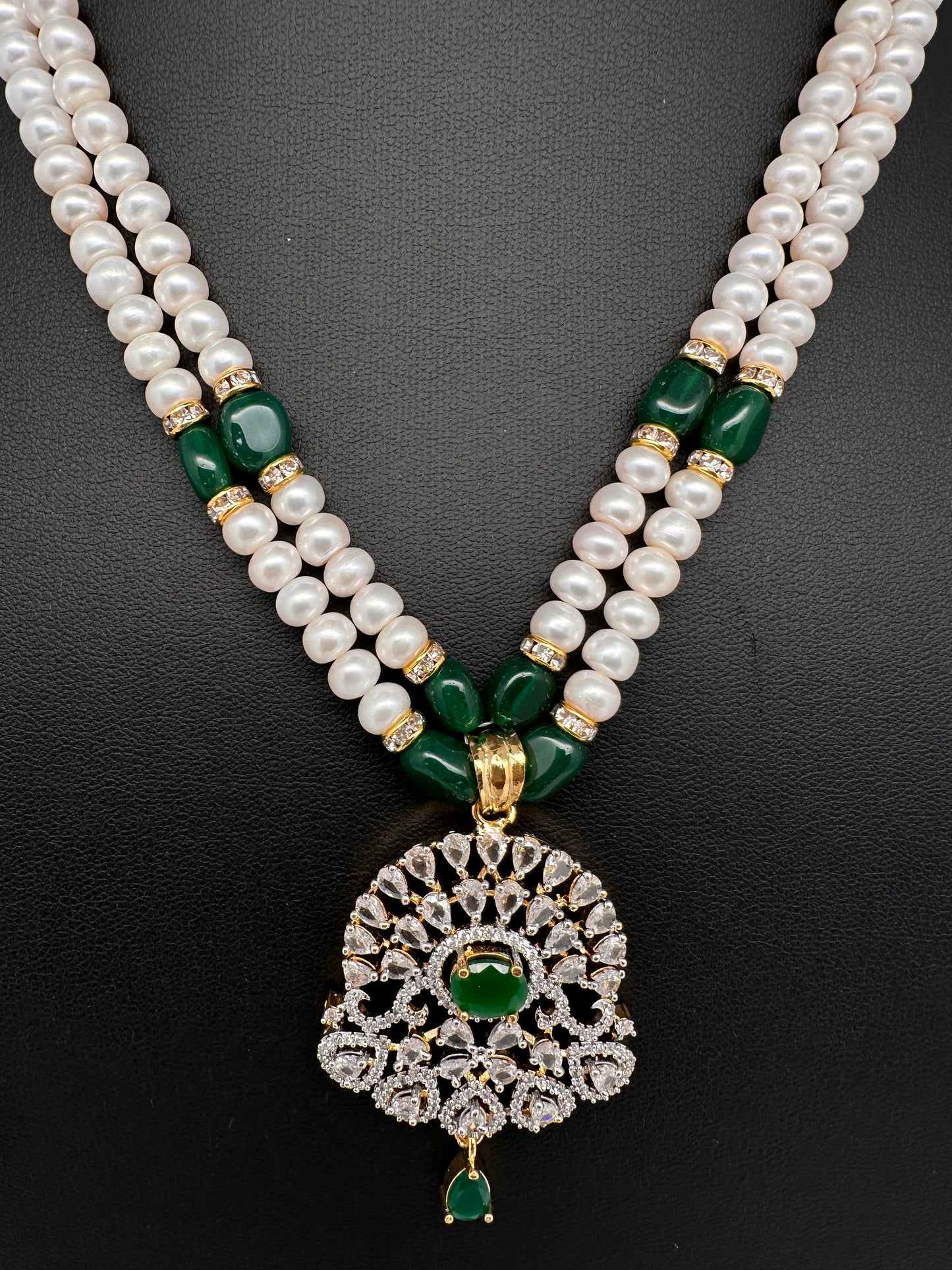 Real Fresh Water Pearls Clear Stone Silver Finish Necklace - Green