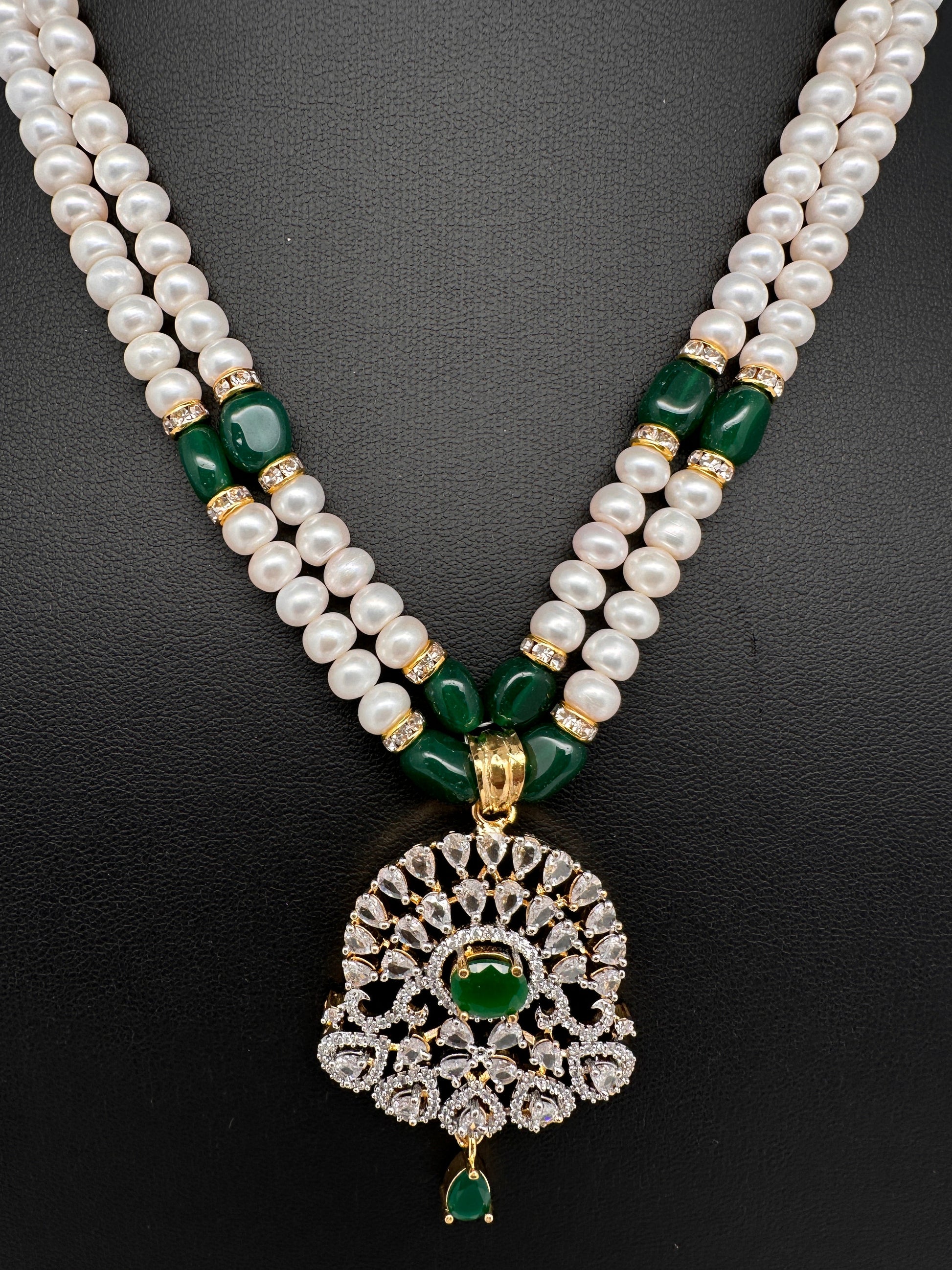 Real Fresh Water Pearls Clear Stone Silver Finish Necklace - Green