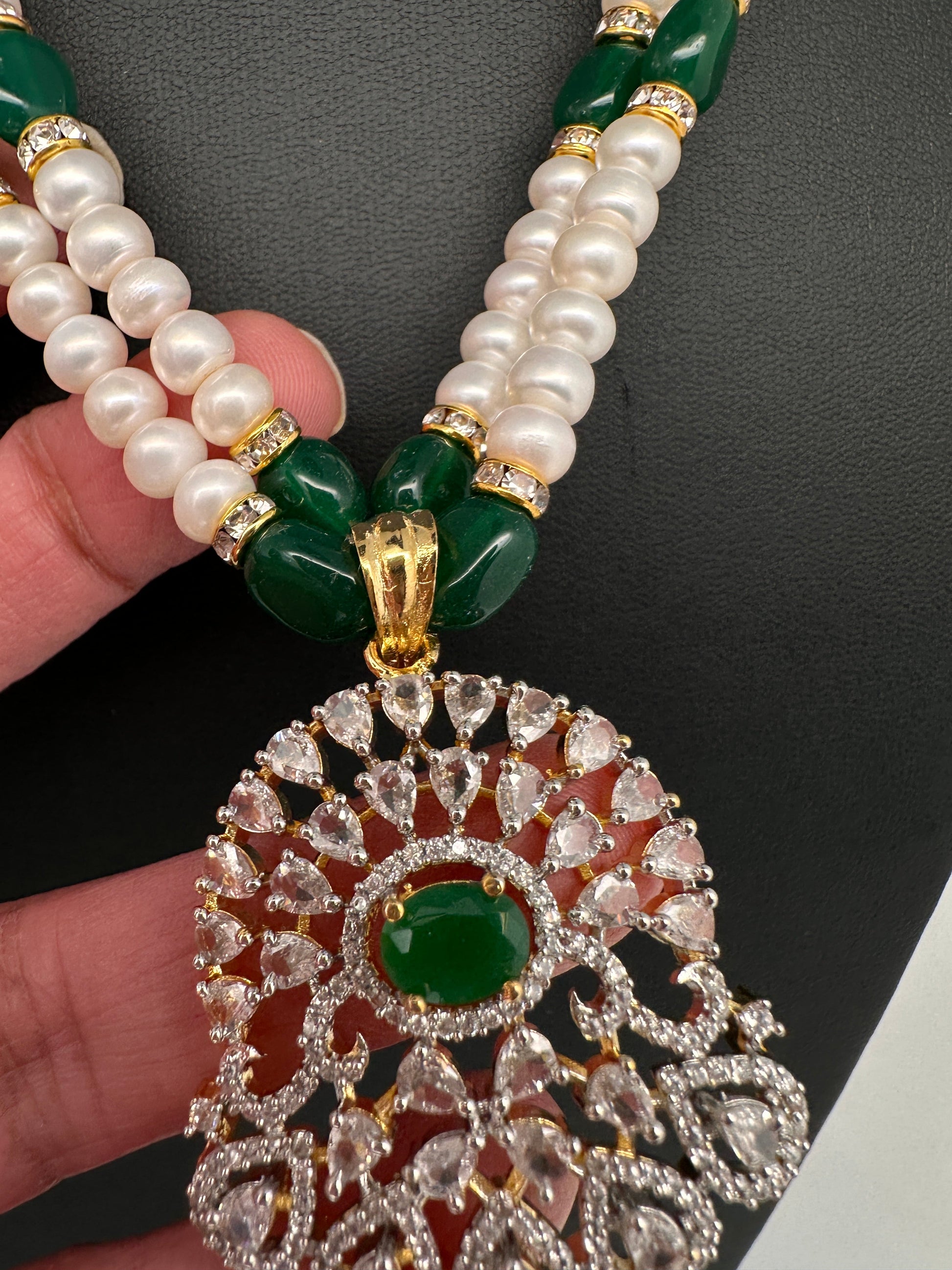 Real Fresh Water Pearls Clear Stone Silver Finish Necklace - Green