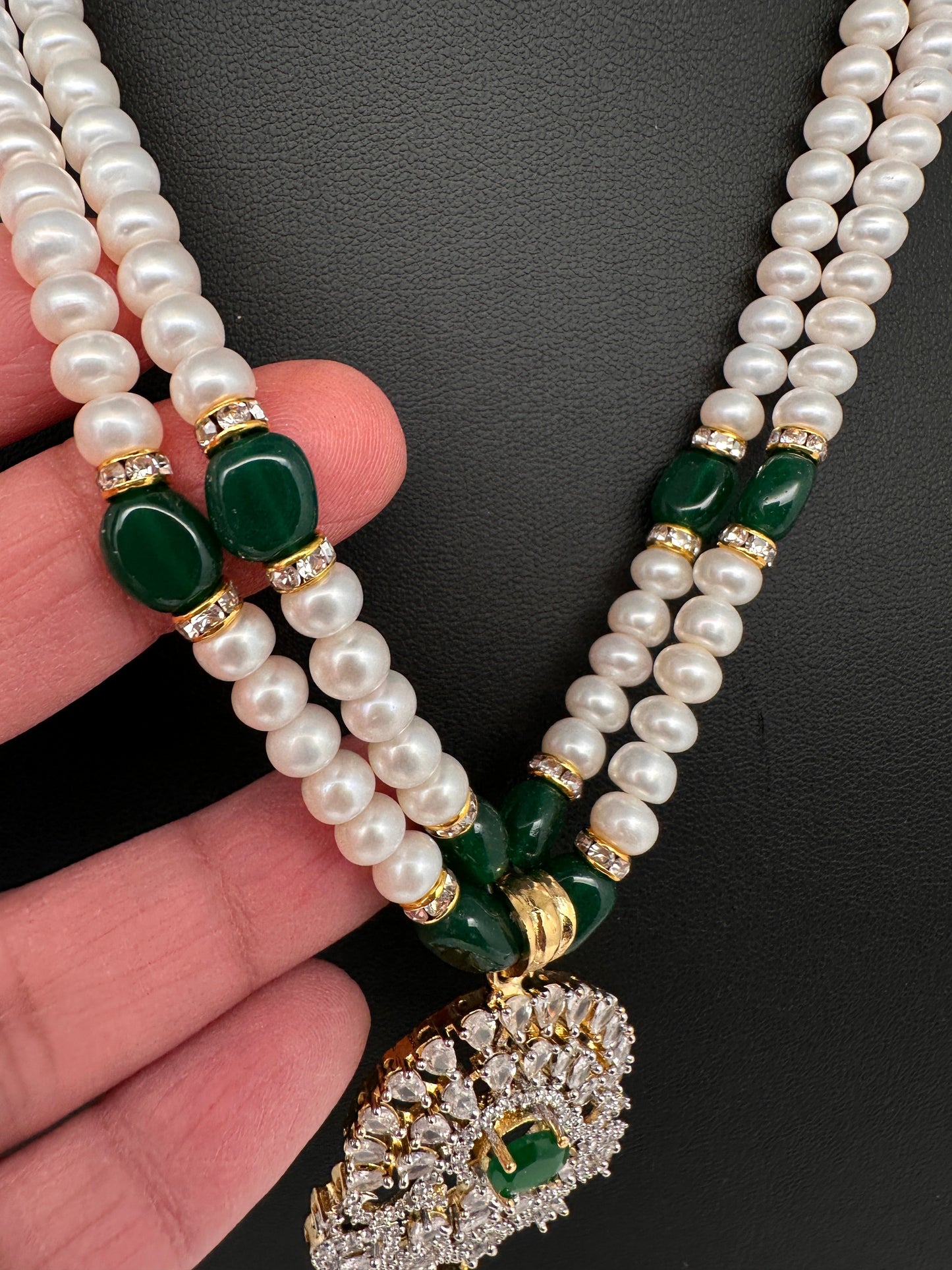 Real Fresh Water Pearls Clear Stone Silver Finish Necklace - Green