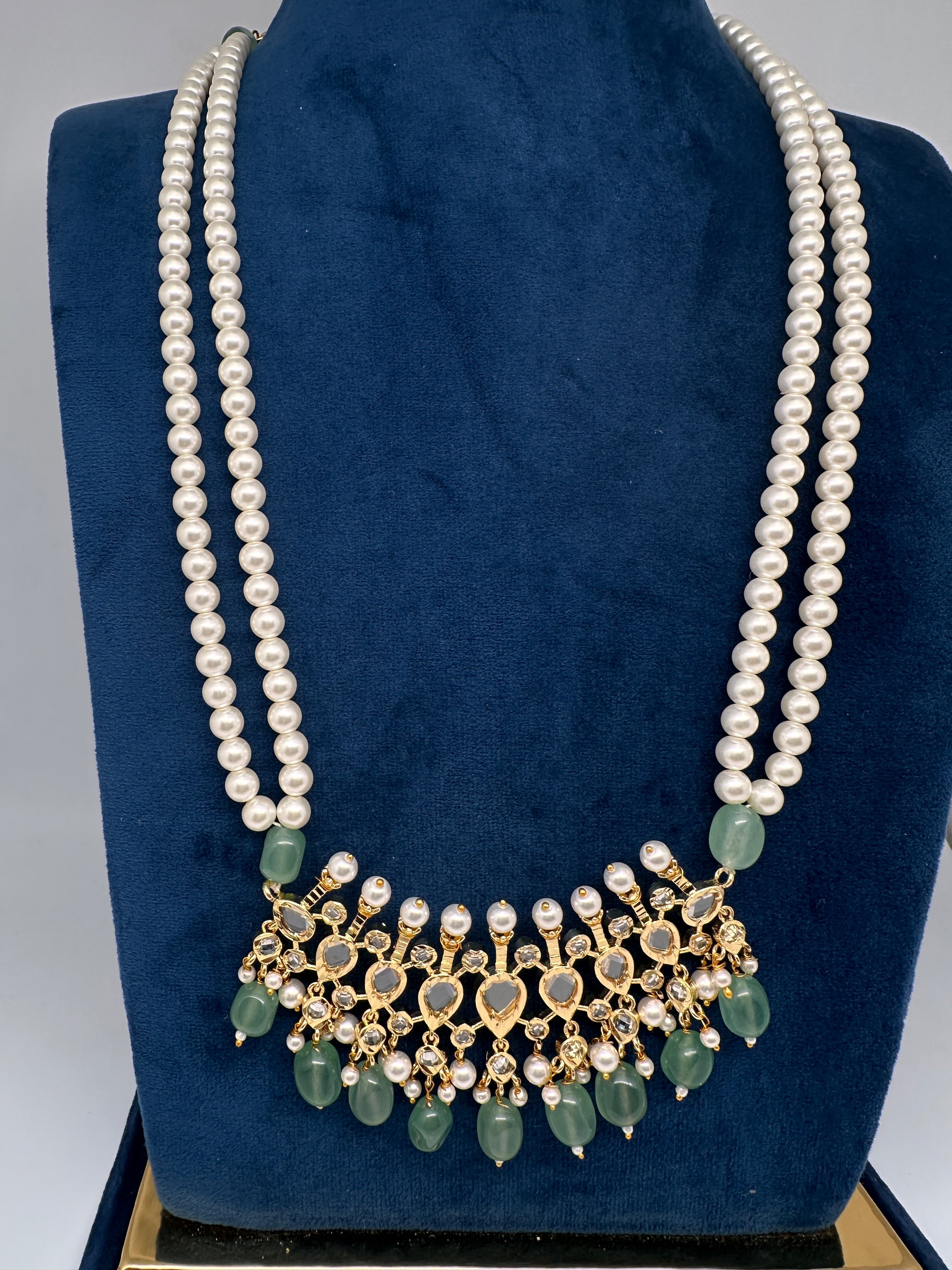 Tirmani Pearl Necklace With Chandballi Earrings - MintGreen