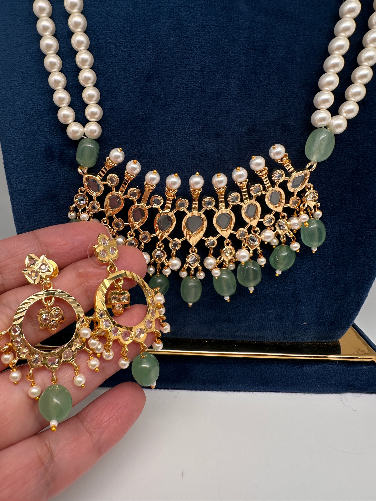 Tirmani Pearl Necklace With Chandballi Earrings - MintGreen