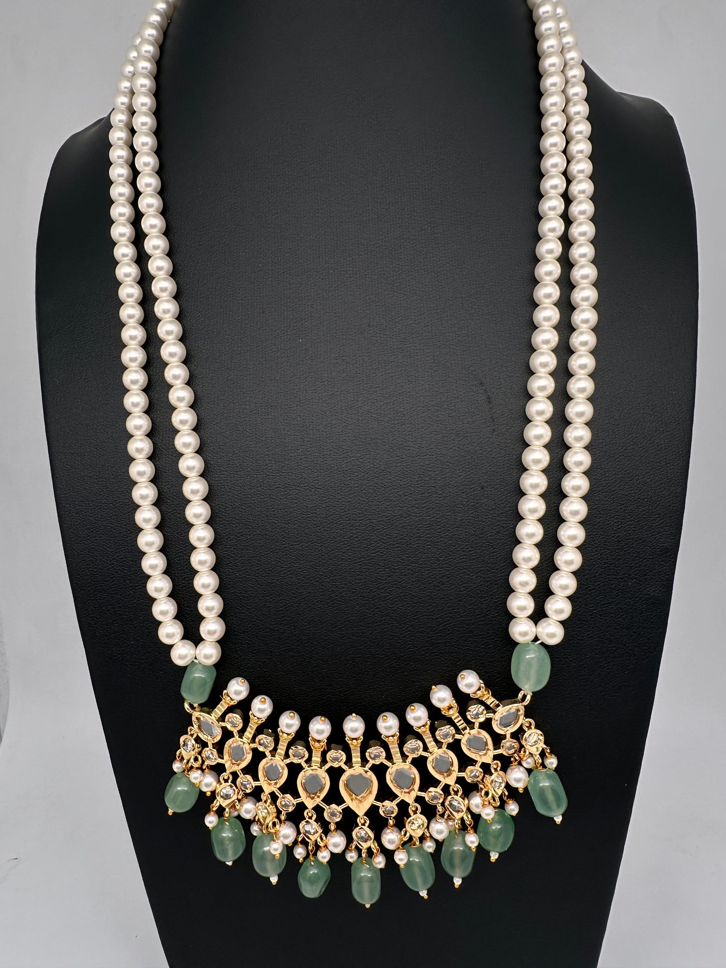 Tirmani Pearl Necklace With Chandballi Earrings - MintGreen