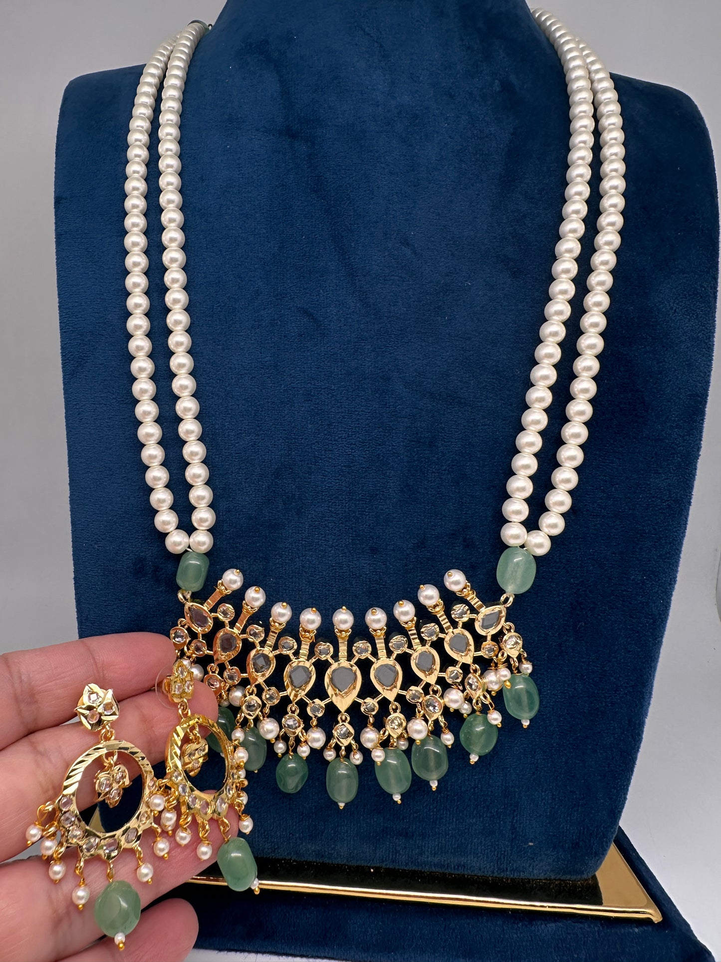 Tirmani Pearl Necklace With Chandballi Earrings - MintGreen