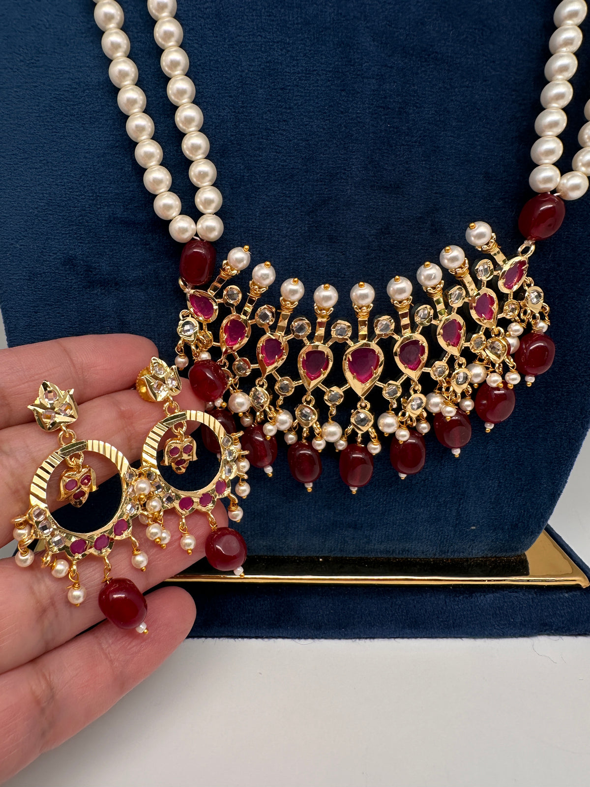 Tirmani Pearl Necklace With Chandballi Earrings - Red
