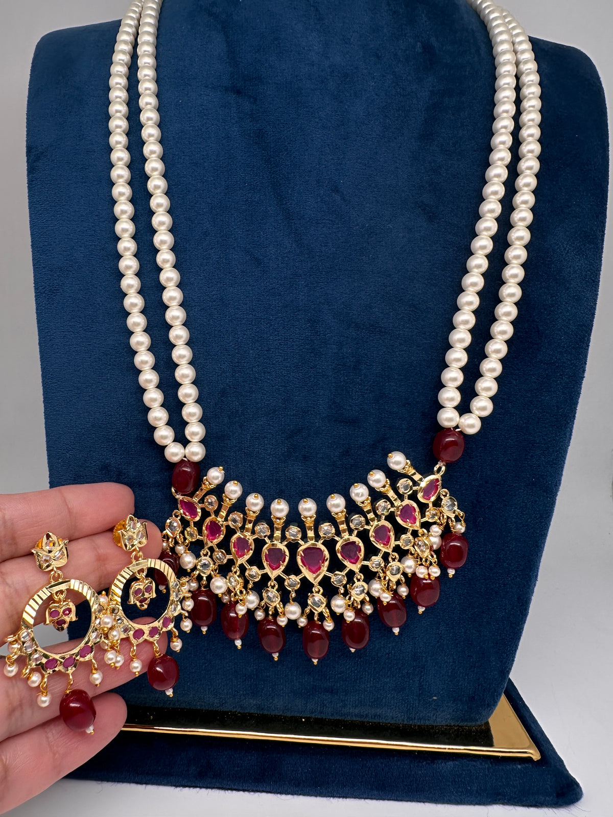 Tirmani Pearl Necklace With Chandballi Earrings - Red