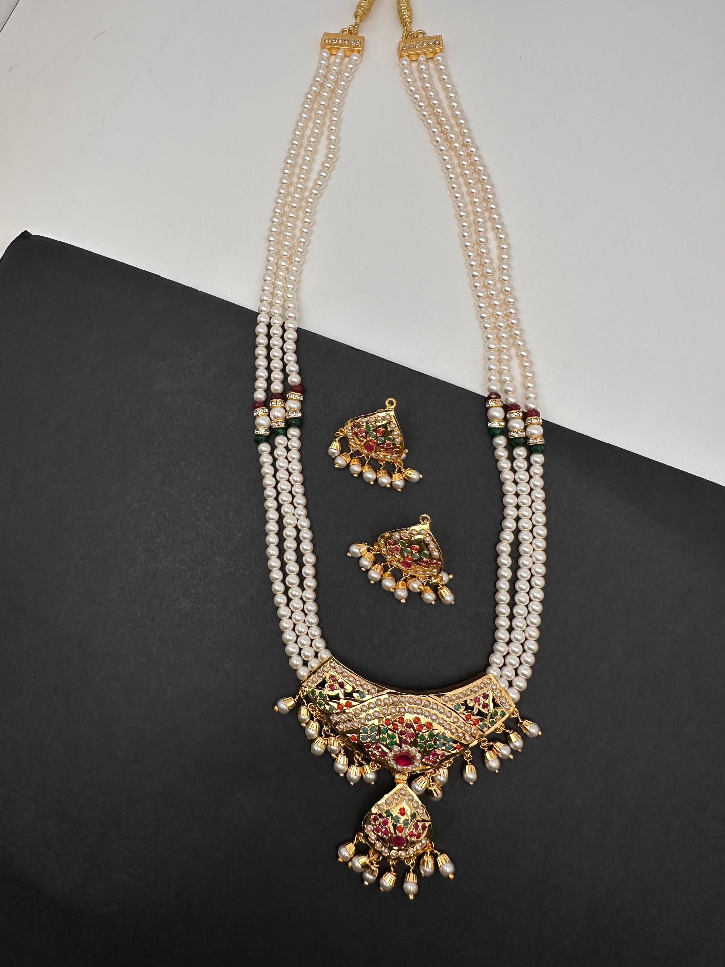 Hyderabadi Jadau Nauratan Pendent Pearl Raani Haar Necklace - 