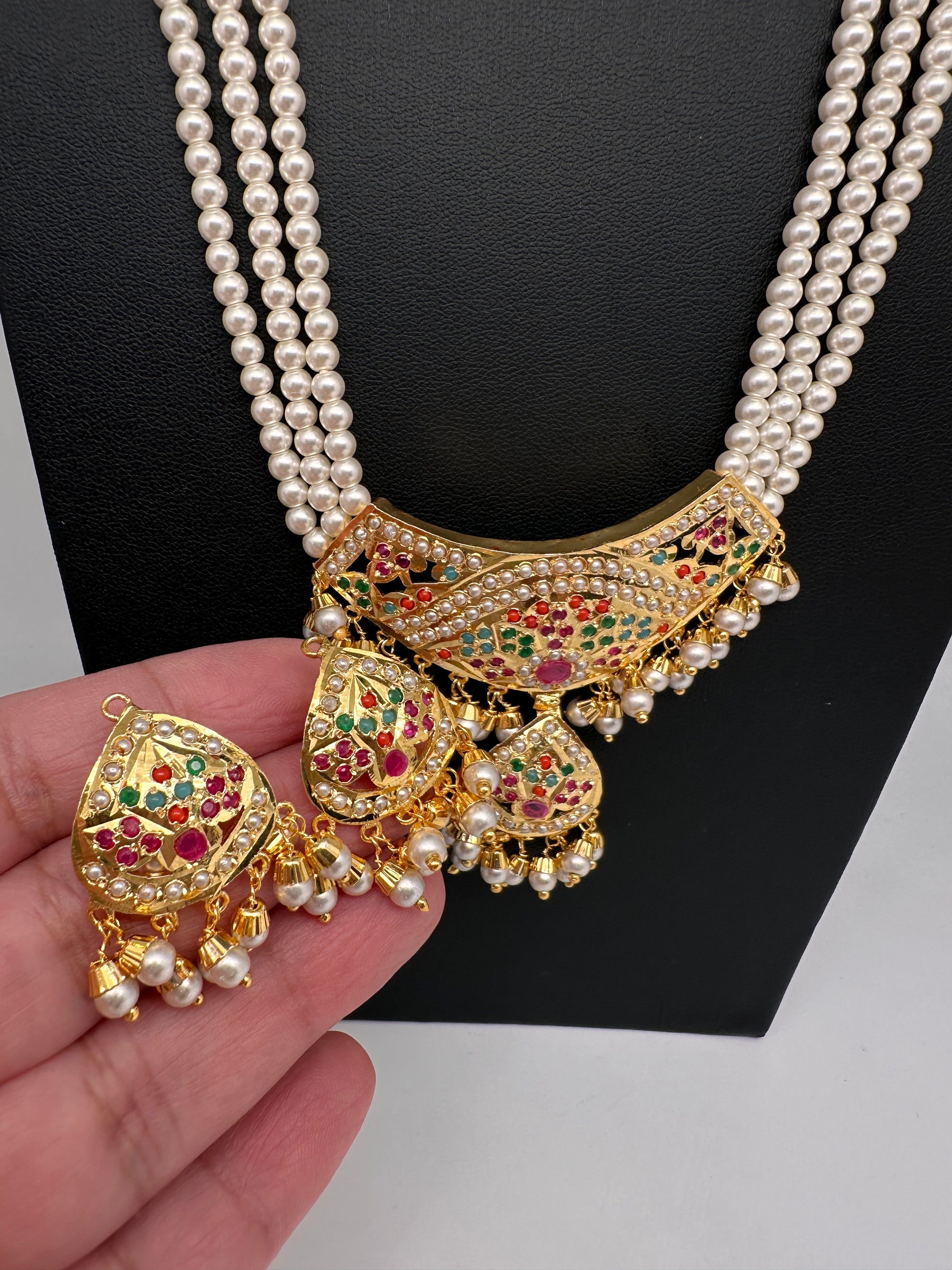 Hyderabadi Jadau Nauratan Pendent Pearl Raani Haar Necklace - 
