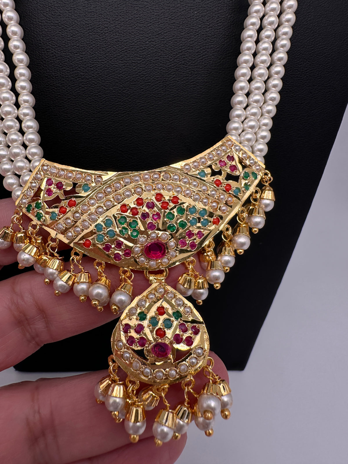 Hyderabadi Jadau Nauratan Pendent Pearl Raani Haar Necklace - 