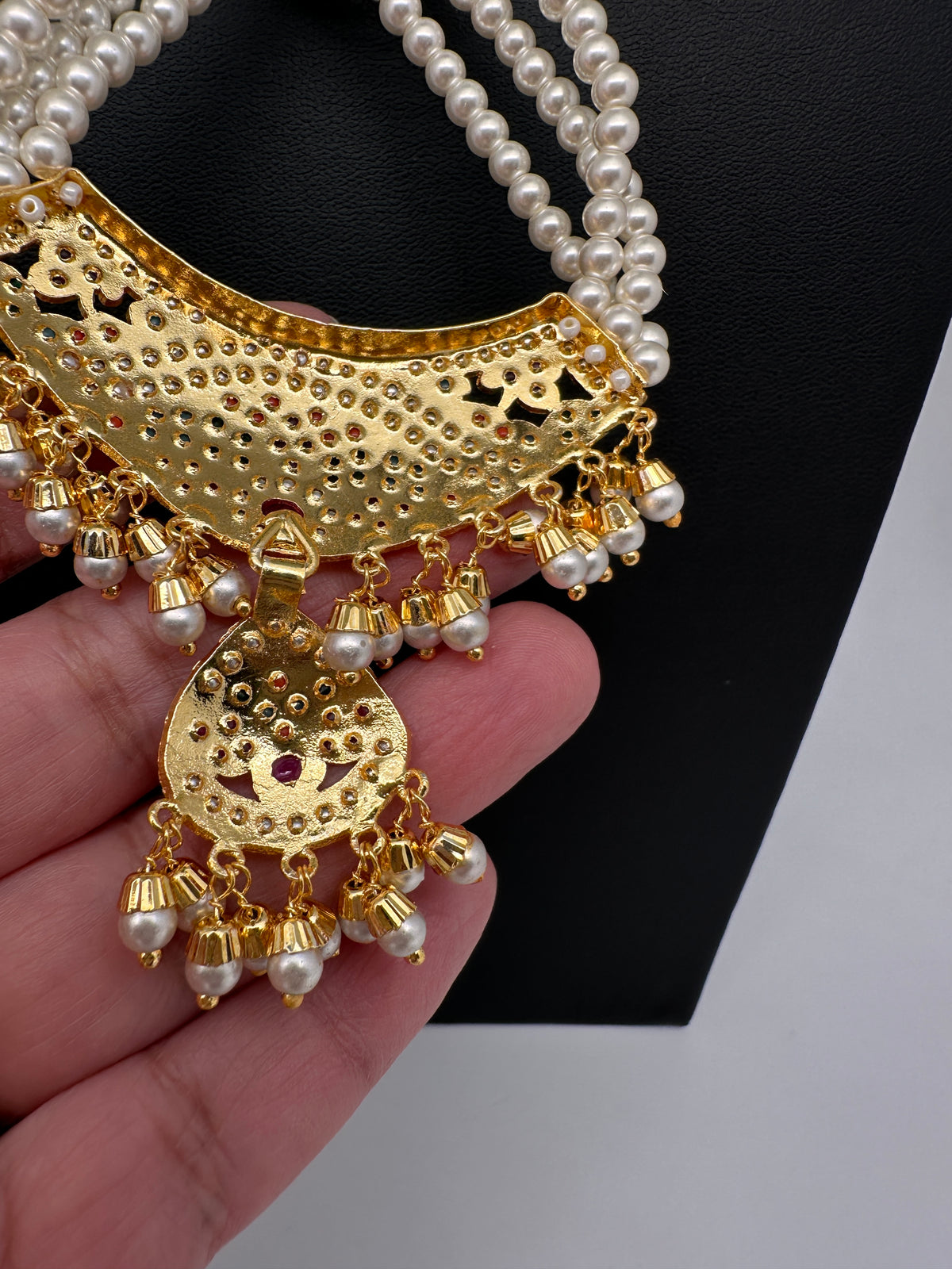 Hyderabadi Jadau Nauratan Pendent Pearl Raani Haar Necklace - 