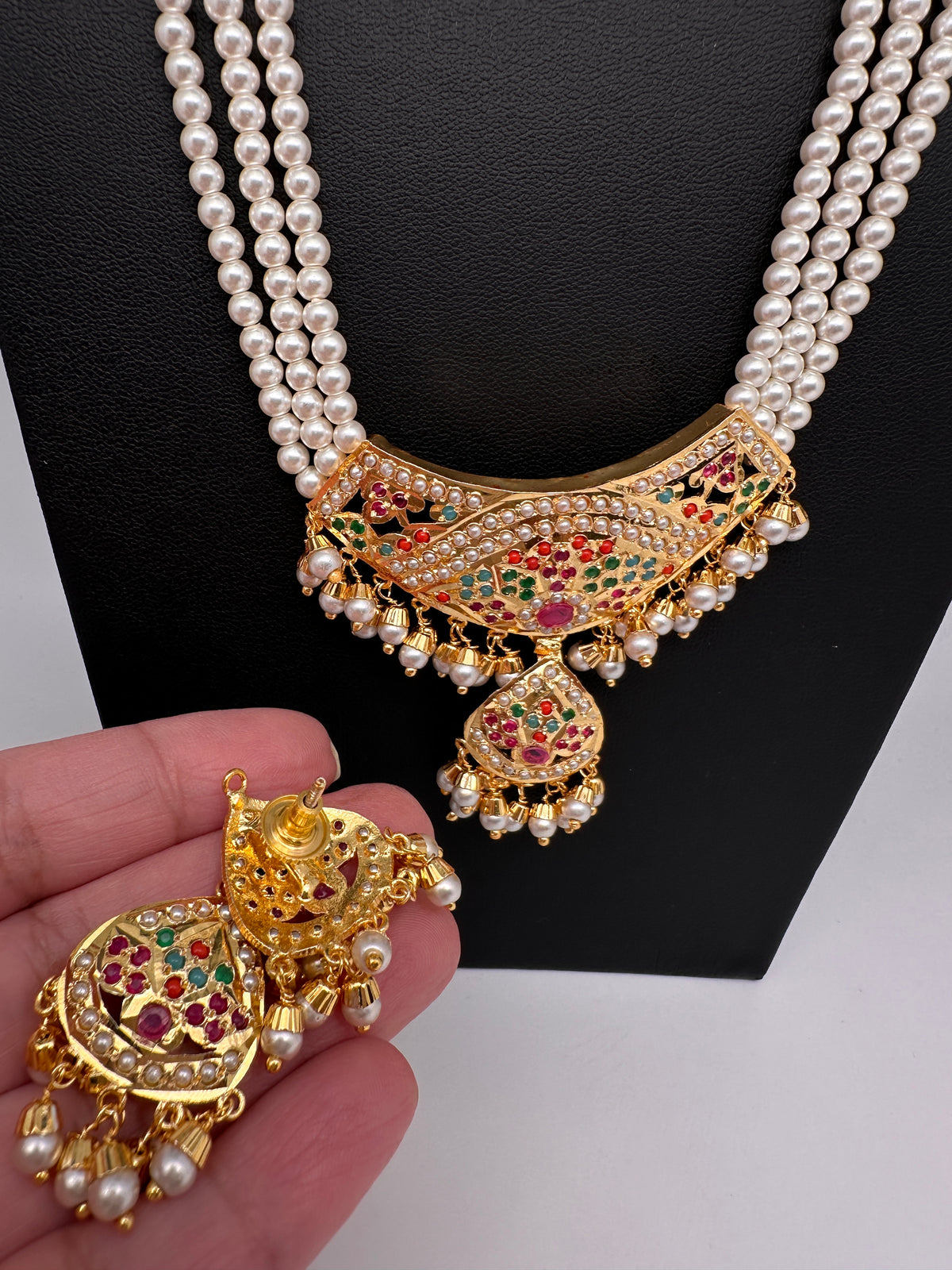 Hyderabadi Jadau Nauratan Pendent Pearl Raani Haar Necklace - 