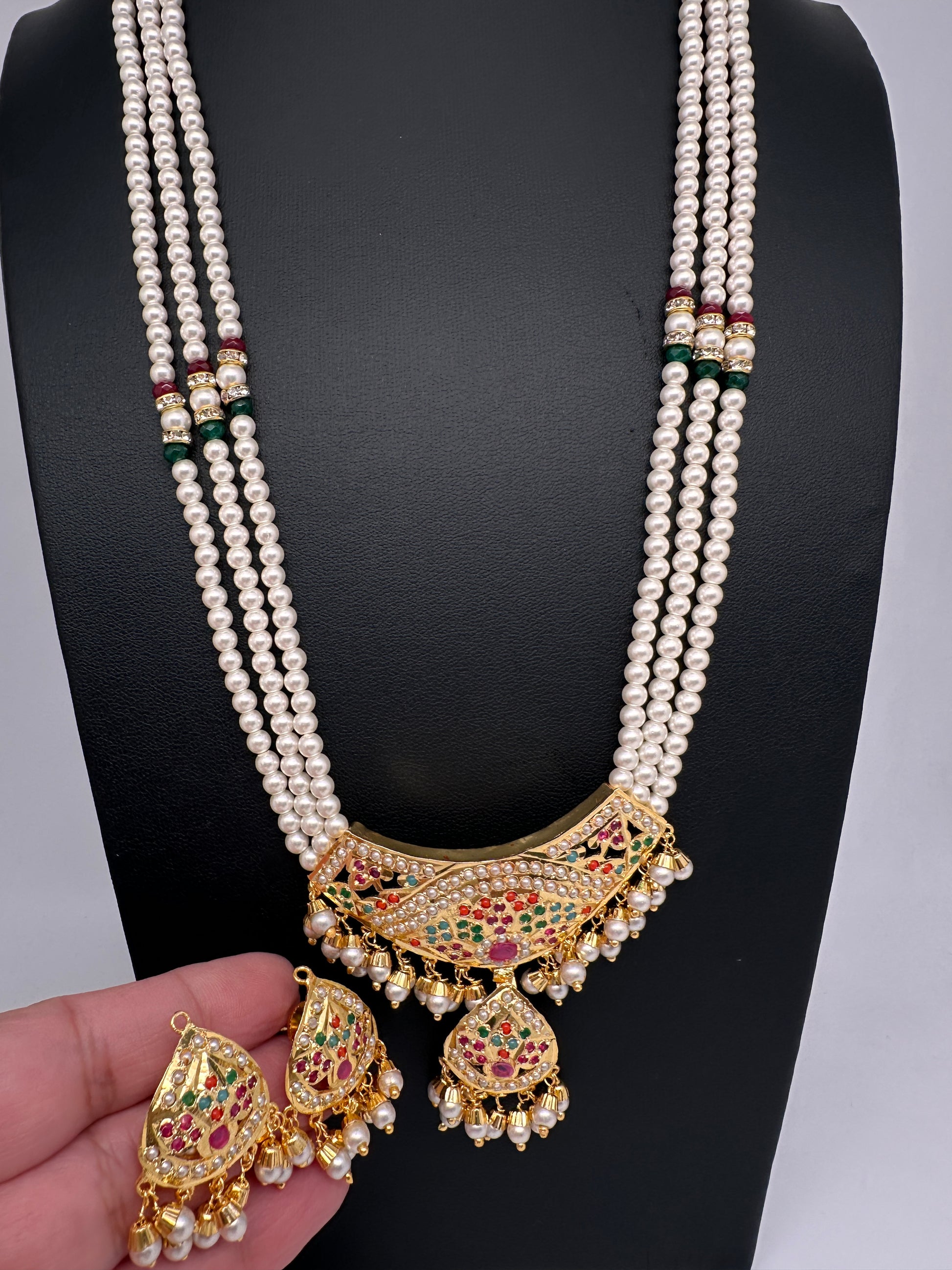 Hyderabadi Jadau Nauratan Pendent Pearl Raani Haar Necklace - 