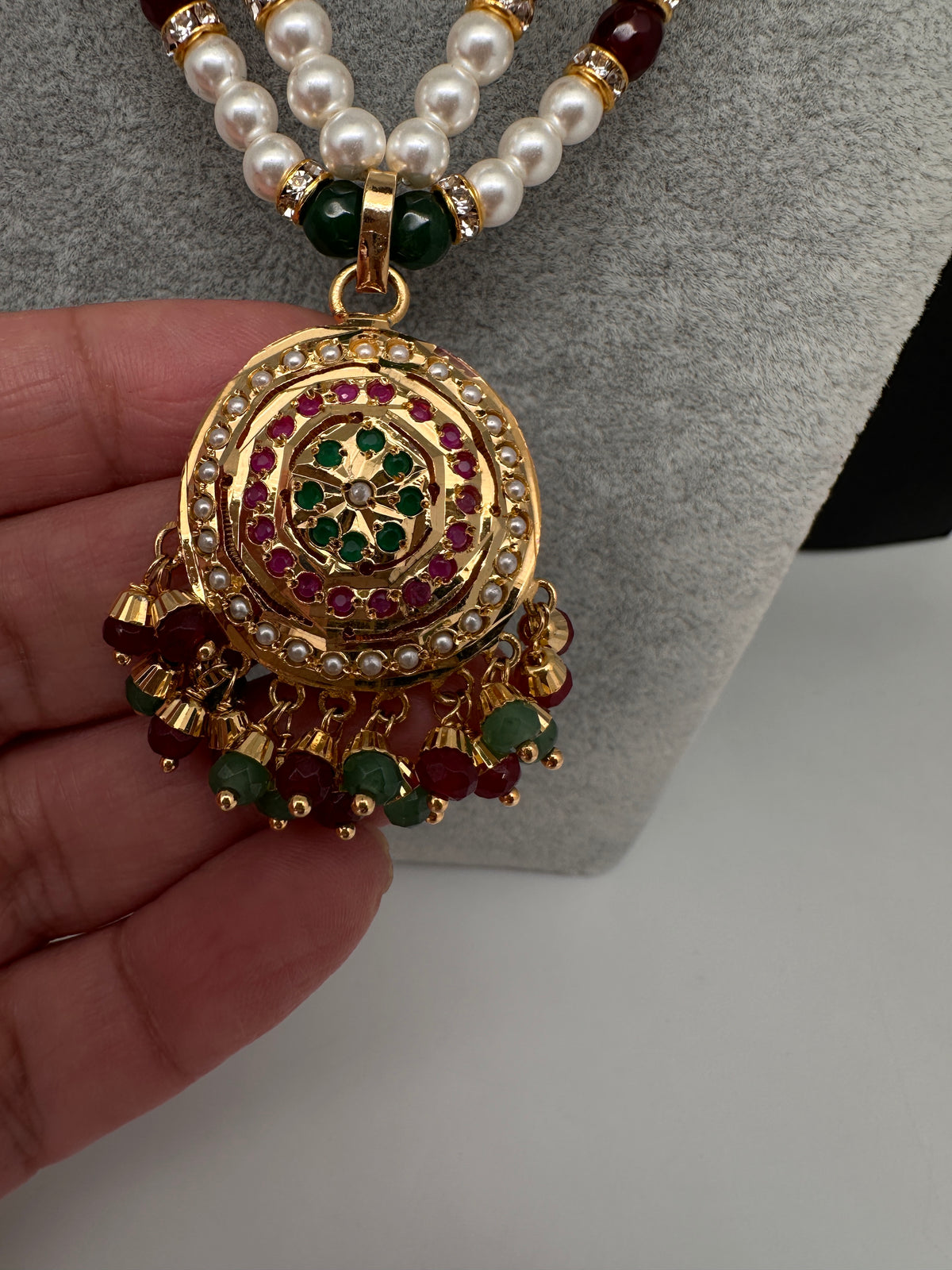 Hyderabadi Jadau Multi Color Pendent Pearls Short Necklace - 