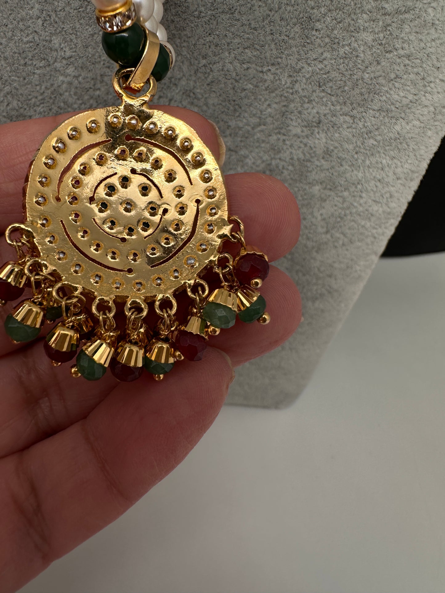 Hyderabadi Jadau Multi Color Pendent Pearls Short Necklace - 