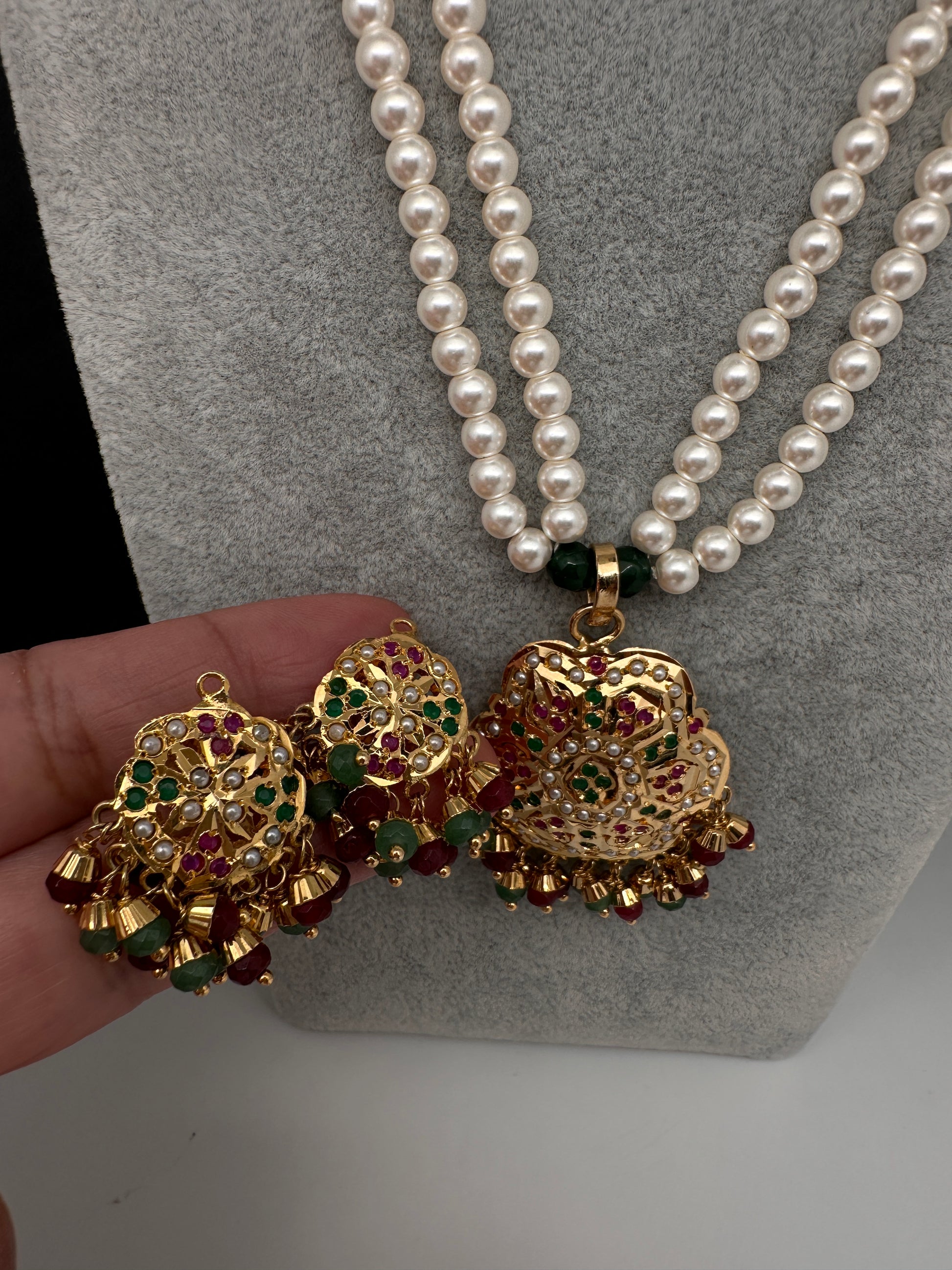 Hyderabadi Jadau Multi Color Pendent Pearls Short Necklace - 