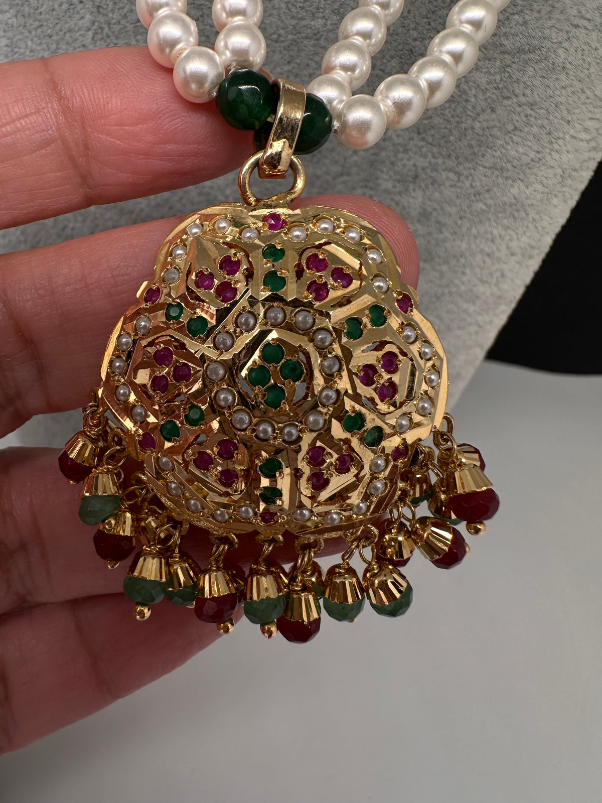 Hyderabadi Jadau Multi Color Pendent Pearls Short Necklace - 
