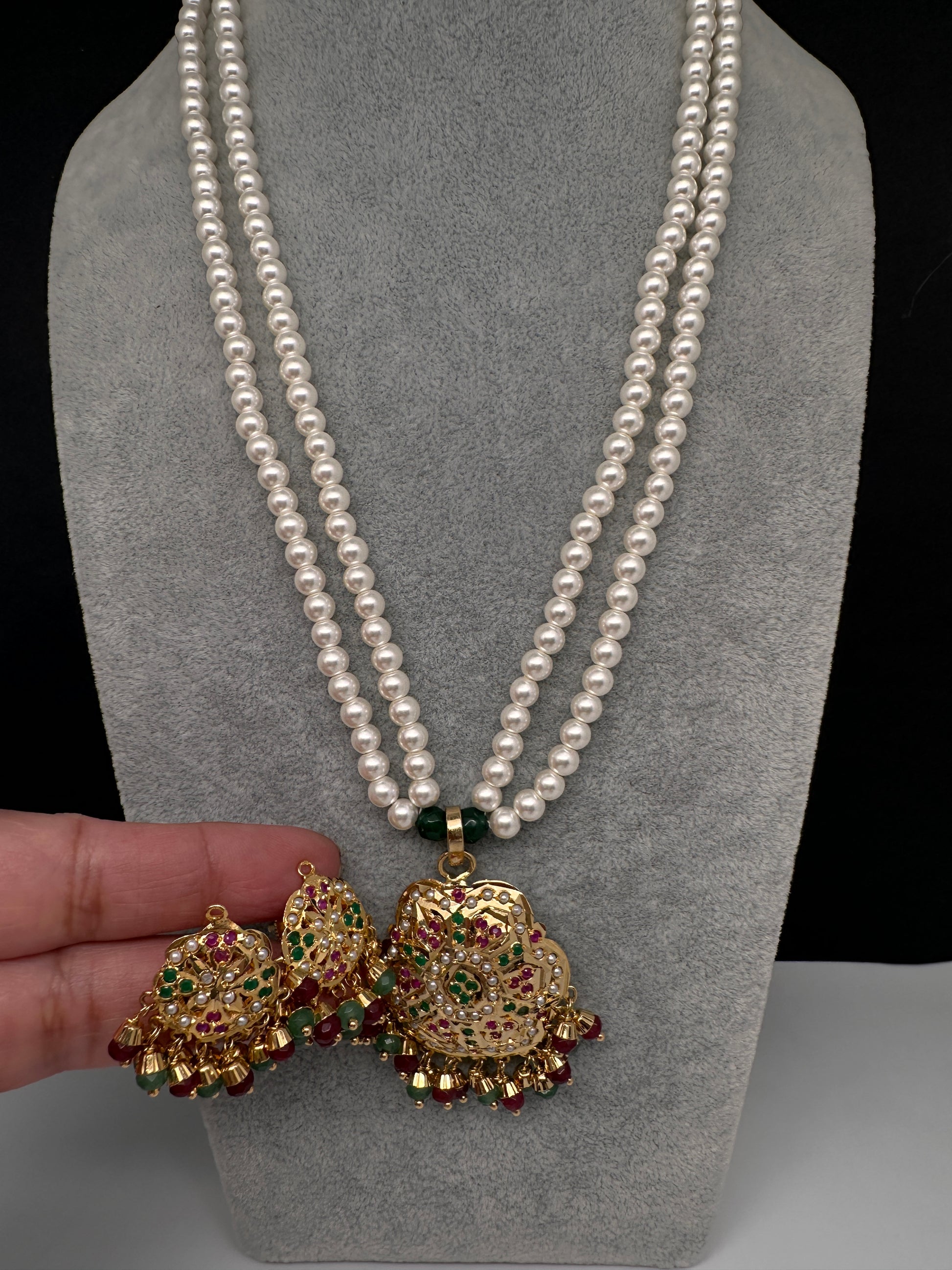 Hyderabadi Jadau Multi Color Pendent Pearls Short Necklace - 