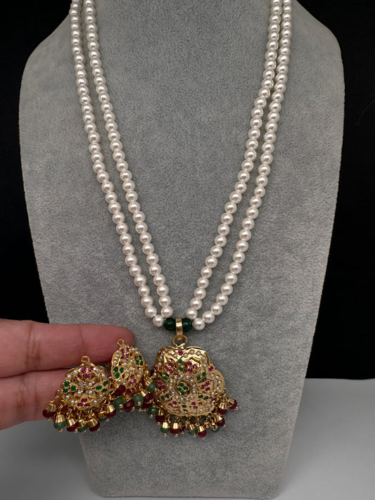 Hyderabadi Jadau multicolor pearl pendant necklace set
