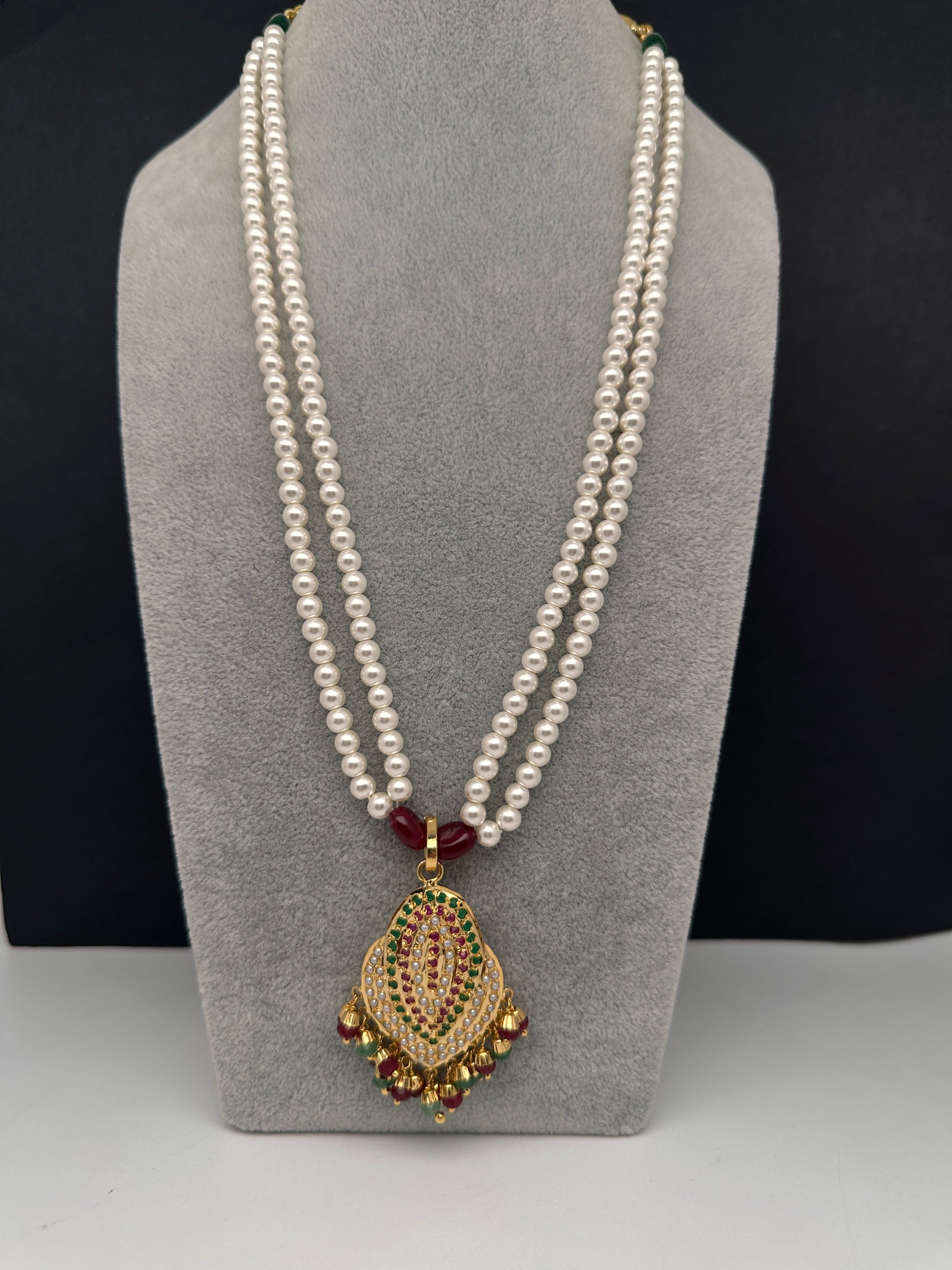 Hyderabadi Jadau Multi Stone Nizami Pendent Pearls Short Necklace - 
