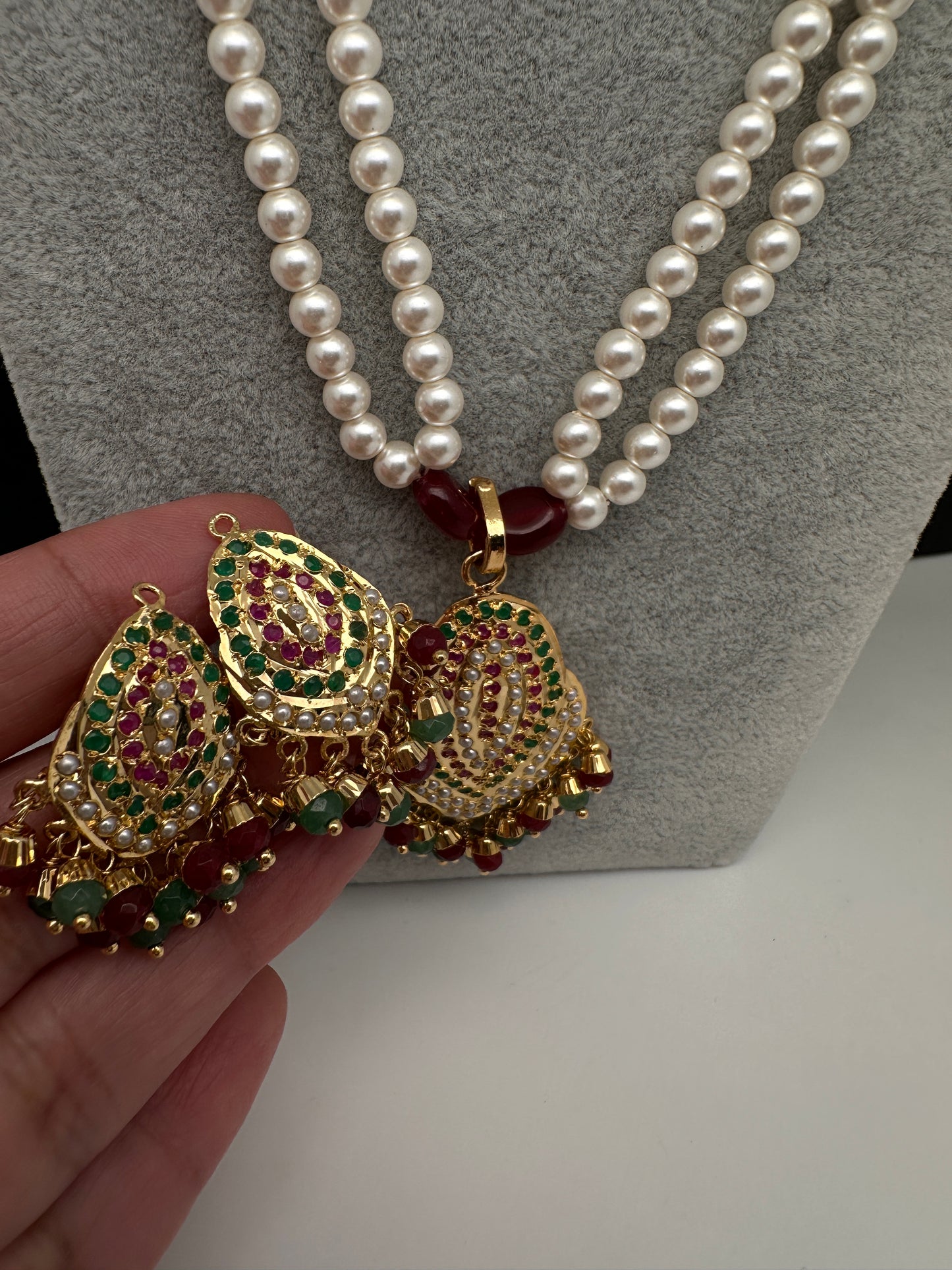 Hyderabadi Jadau Multi Stone Nizami Pendent Pearls Short Necklace - 