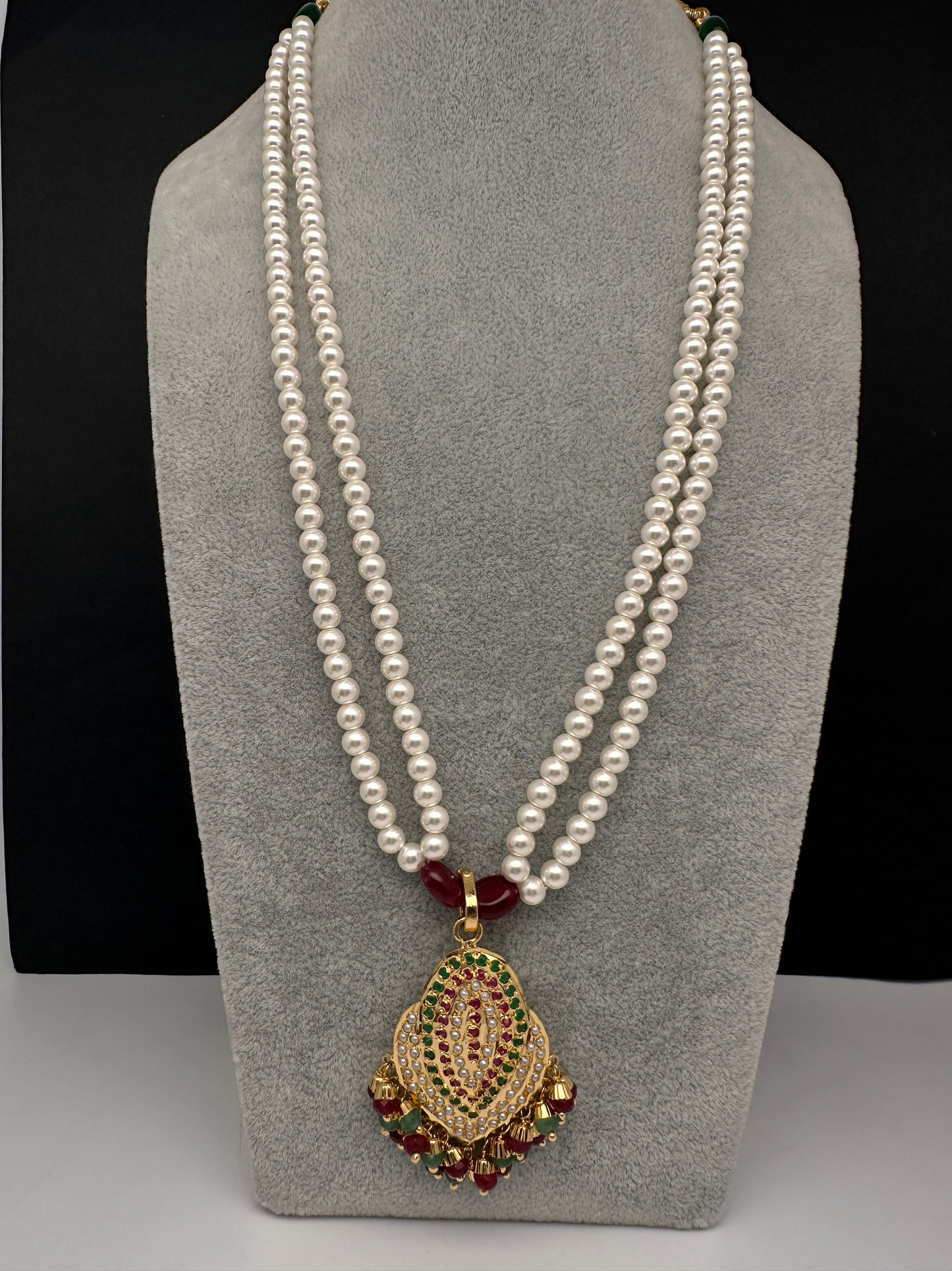 Hyderabadi Jadau Multi Stone Nizami Pendent Pearls Short Necklace - 