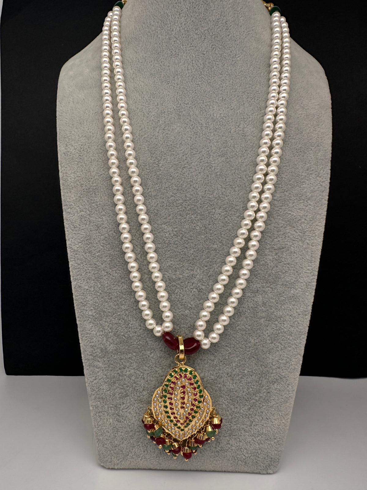 Hyderabadi Jadau Multi Stone Nizami Pendent Pearls Short Necklace - 