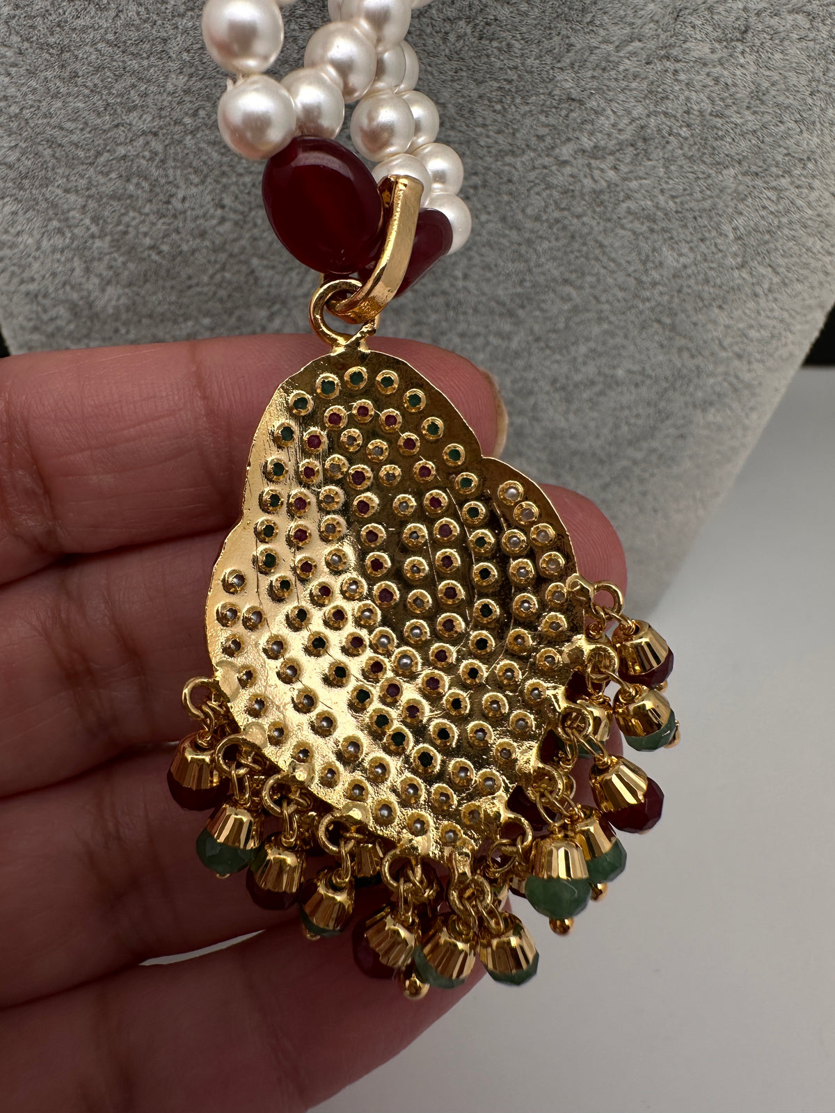 Hyderabadi Jadau Multi Stone Nizami Pendent Pearls Short Necklace - 