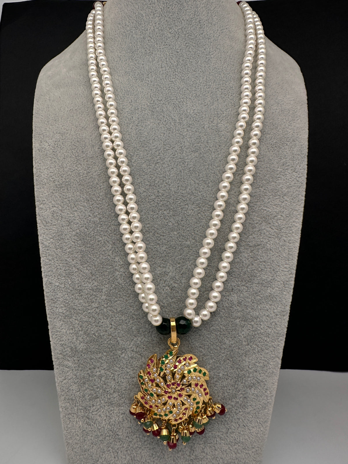 Hyderabadi Jadau Multi Stone Pendent Pearls Short Necklace - 