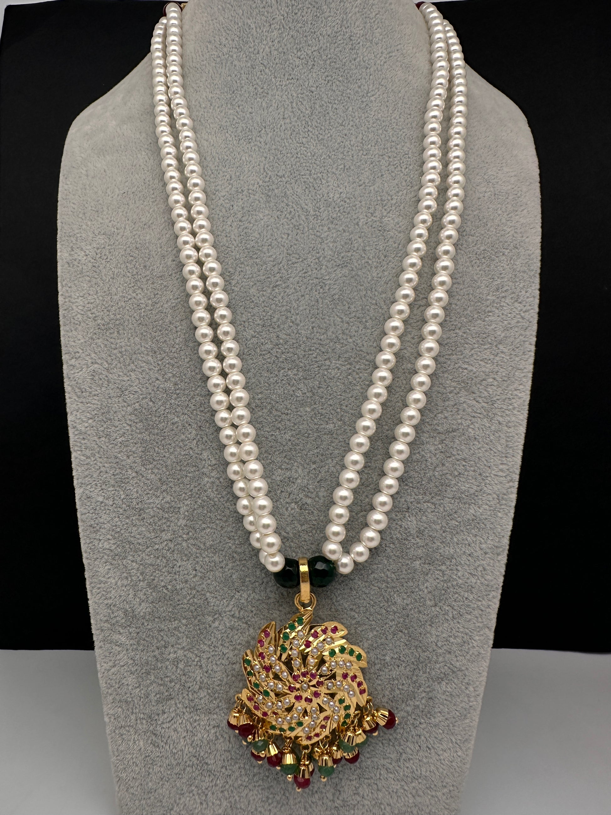 Hyderabadi Jadau Multi Stone Pendent Pearls Short Necklace - 