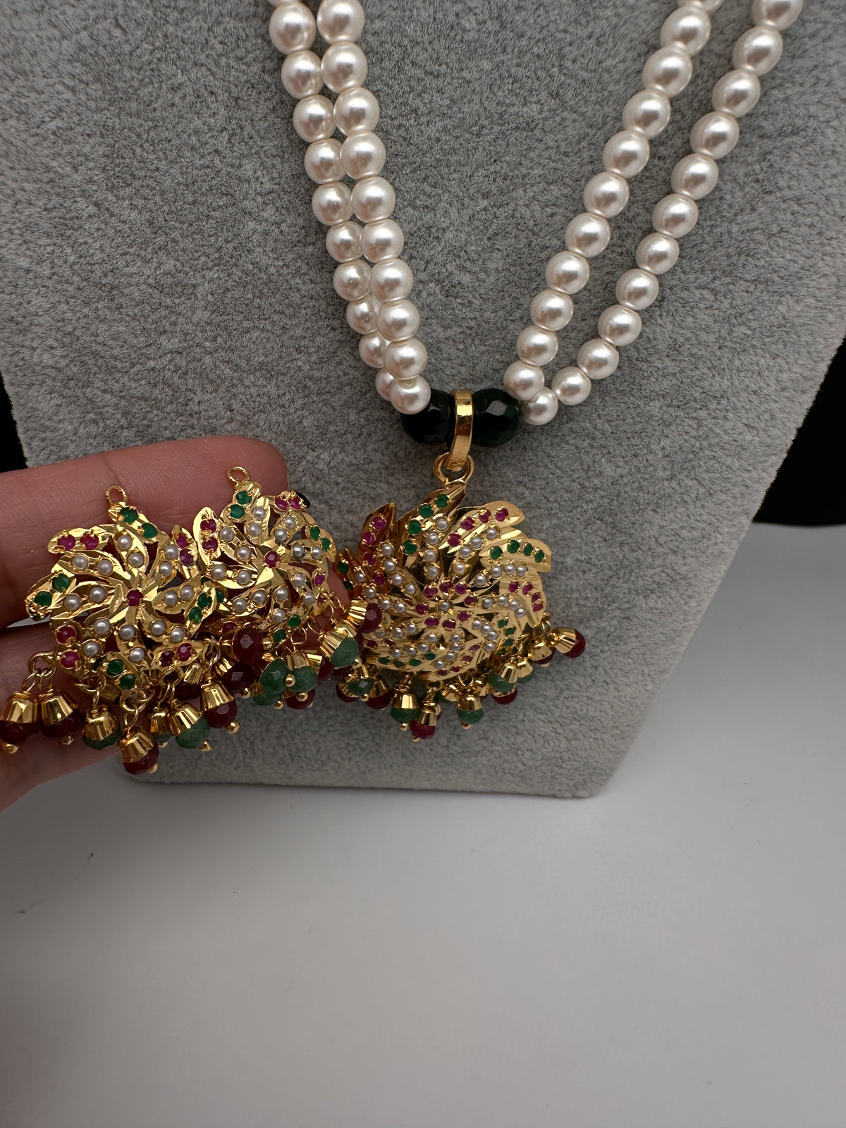 Hyderabadi Jadau Multi Stone Pendent Pearls Short Necklace - 