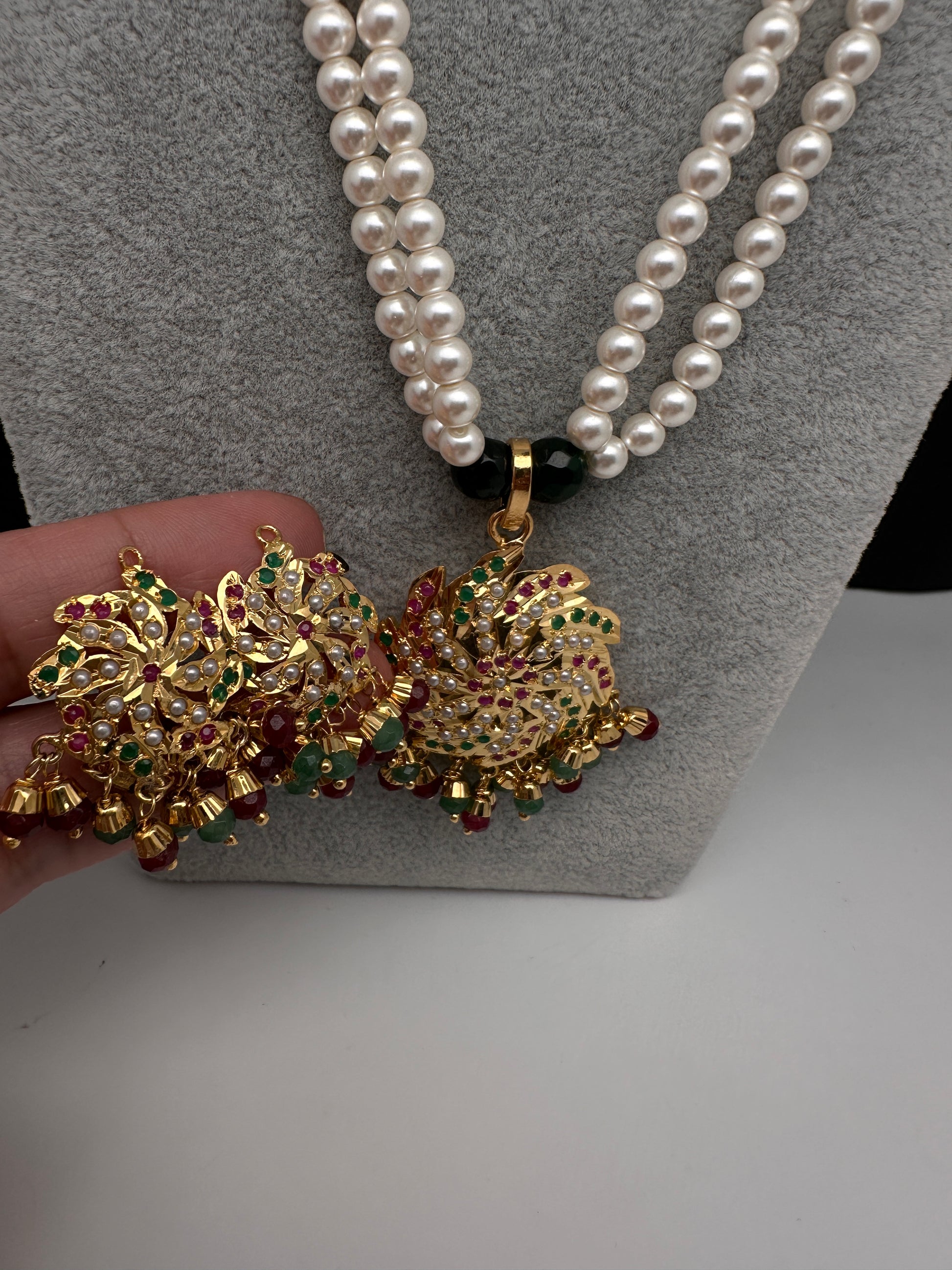 Hyderabadi Jadau Multi Stone Pendent Pearls Short Necklace - 