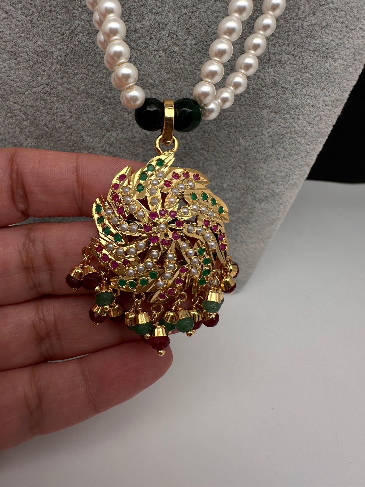 Hyderabadi Jadau Multi Stone Pendent Pearls Short Necklace - 