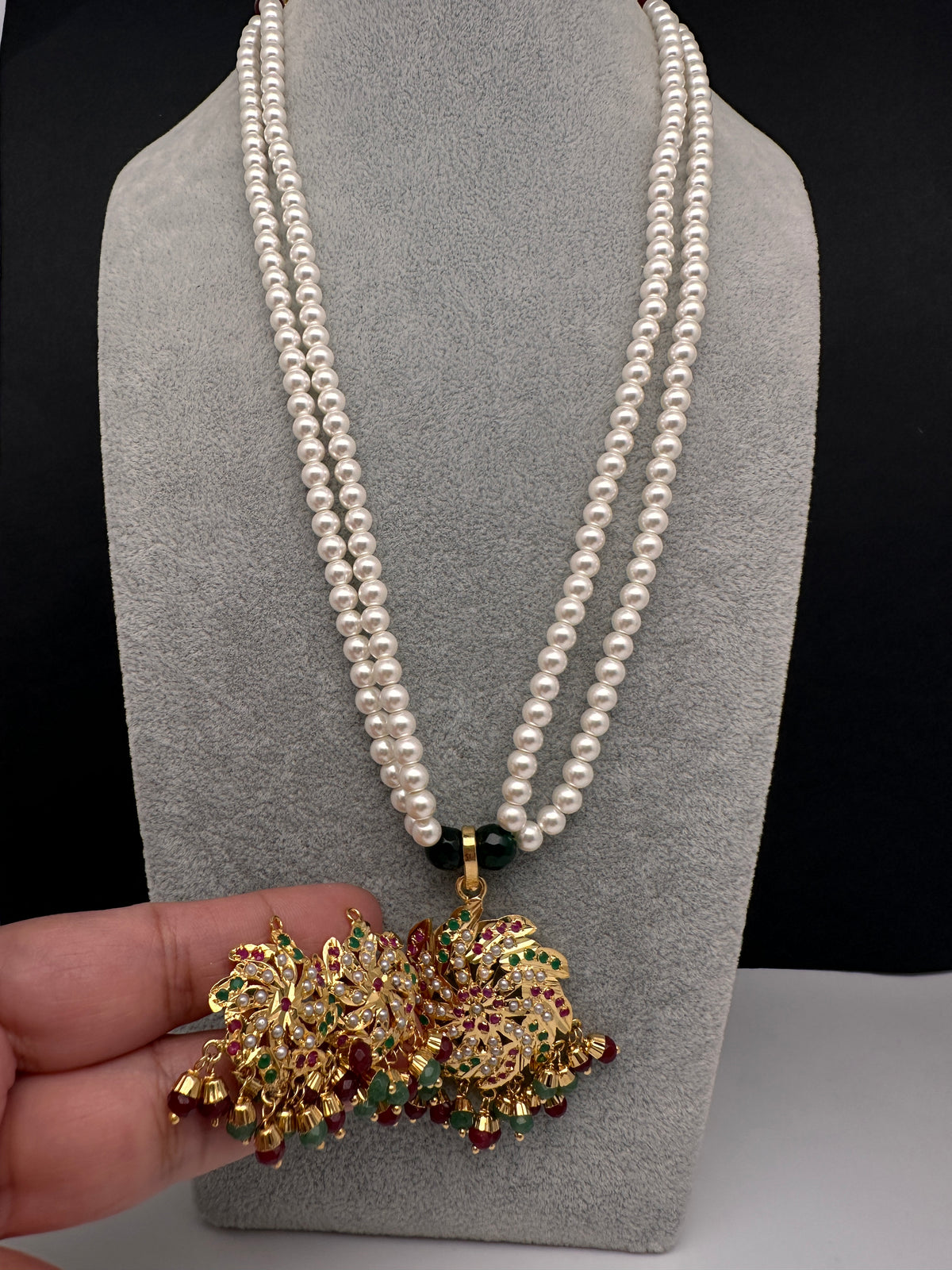 Hyderabadi Jadau Multi Stone Pendent Pearls Short Necklace - 