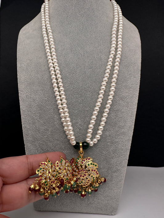Hyderabadi Jadau multi stone pearl pendant necklace with matching earrings